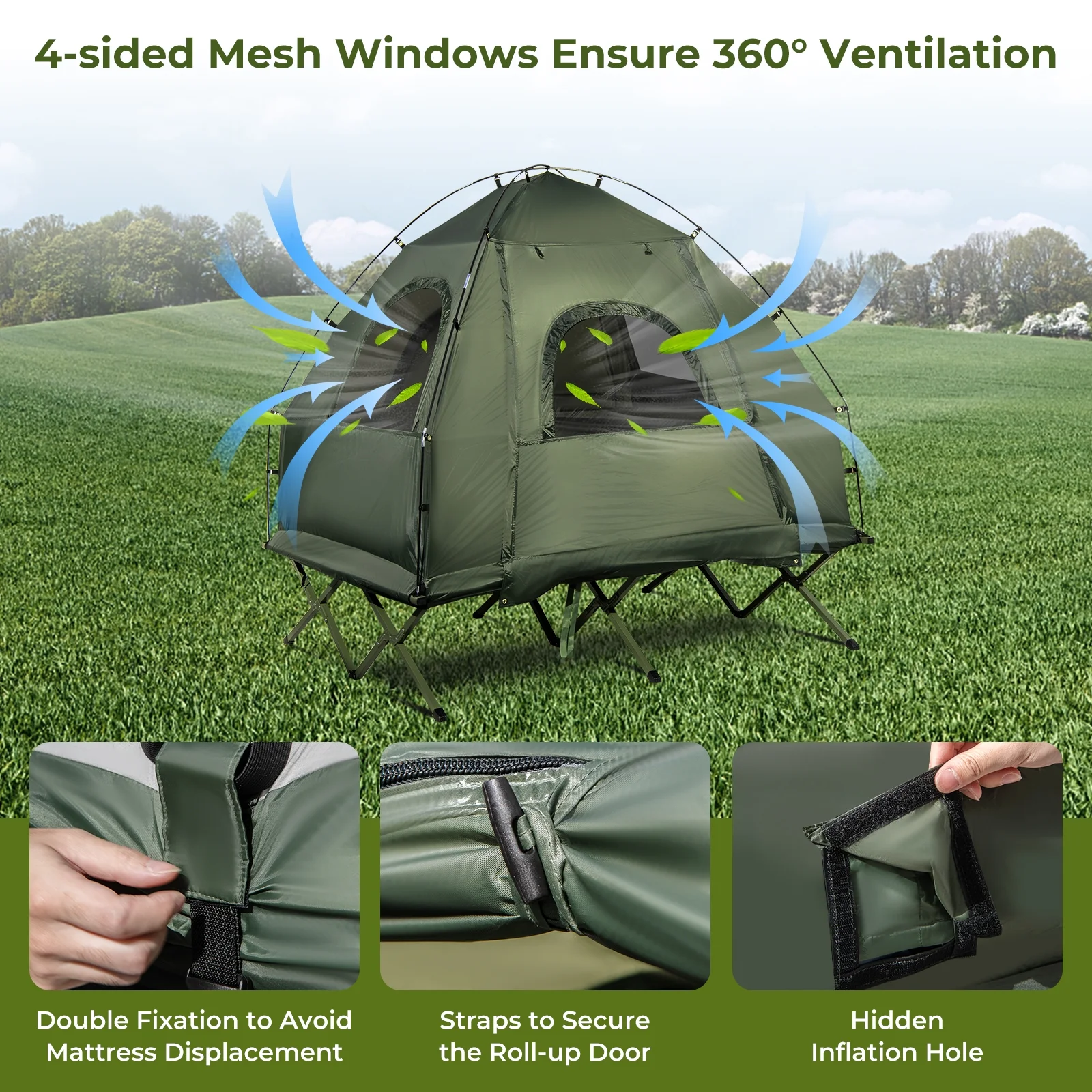 Patiojoy Folding 2-Person Camping Tent Cot Portable Pop-Up Tent with Sleeping Bag&Air Mattress for Outdoor Activity - Image 8
