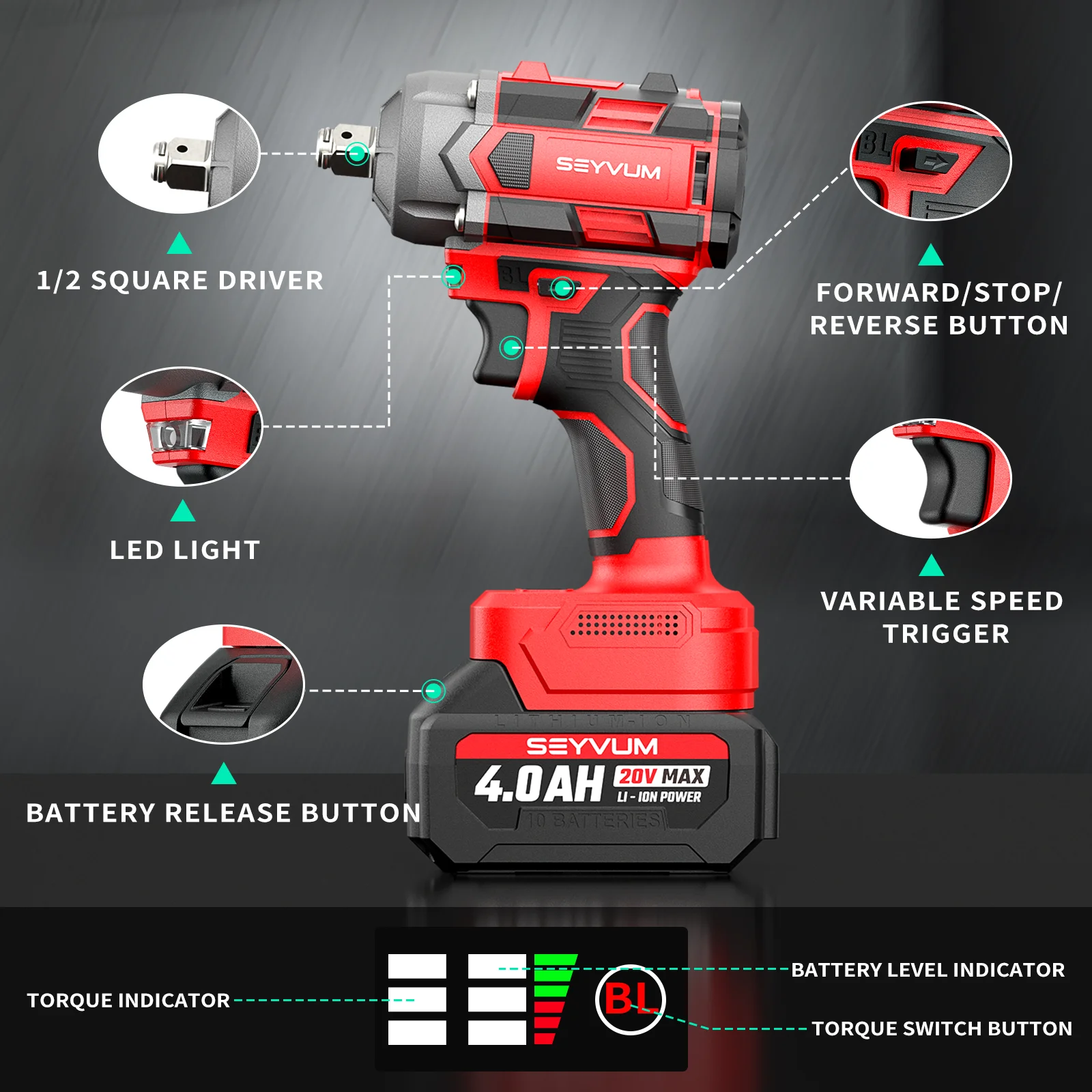 Cordless Impact Wrench, 1/2" Impact Gun, Max Torque 440 Ft-lbs (600 N.m) Heavy Duty Cordless Impact Driver, 3500 RPM Electric Impact Drill, 20V Brushless, 2x4.0Ah Li-ion Battery, 4Pcs Impact Sockets - Image 8