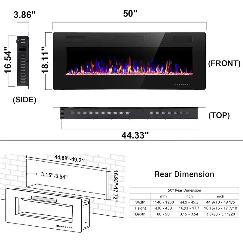 Recessed Electric Fireplace Heater, Wall Mounted 750-1500W Fireplace with Remote Control - Image 6