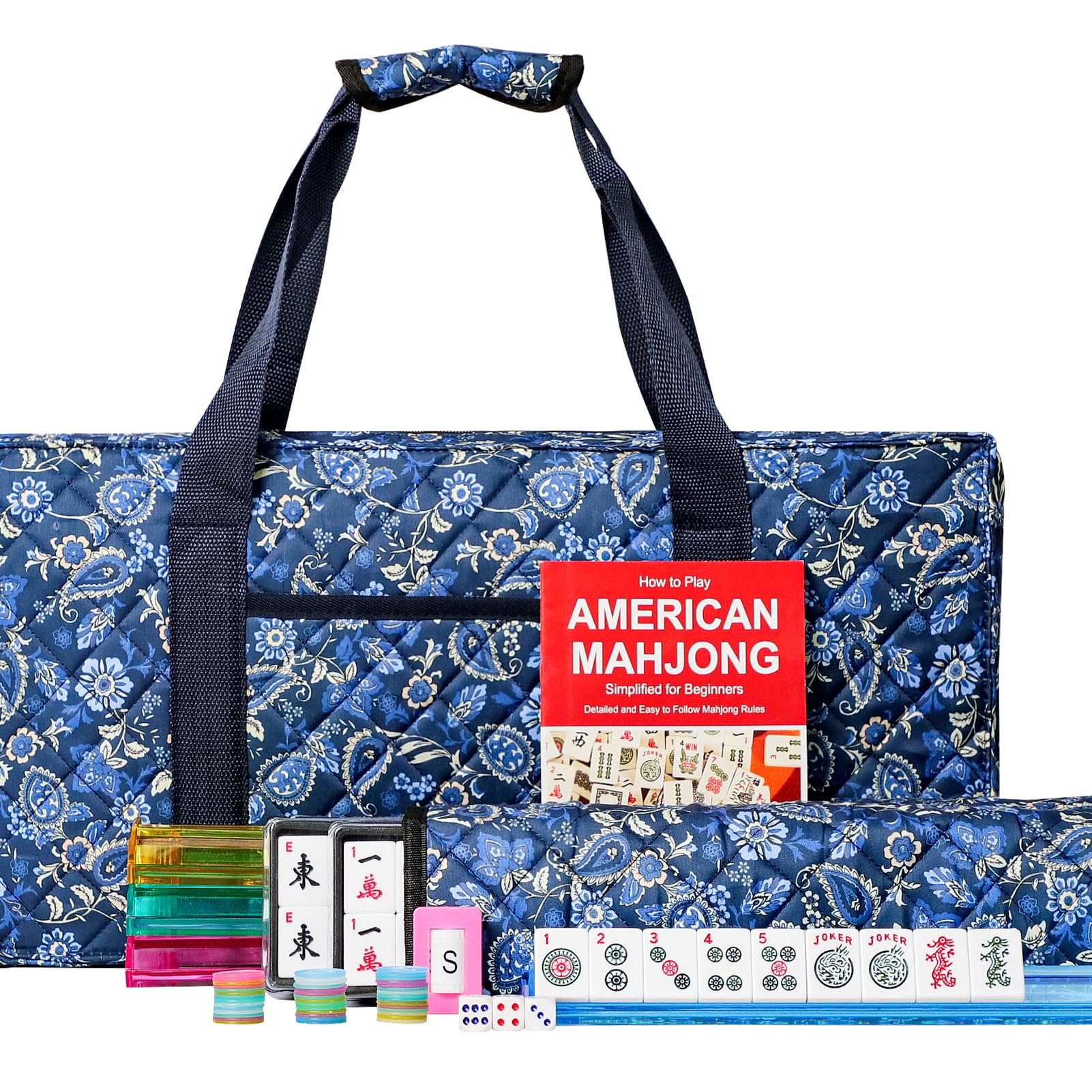American Mahjong Set with Blue Carrying Bag, 166 White Tiles, 4 All-in-One Rack/Pushers, Mahjong Tiles Set (Ma Jong, Mah-Jongg, Majiang)