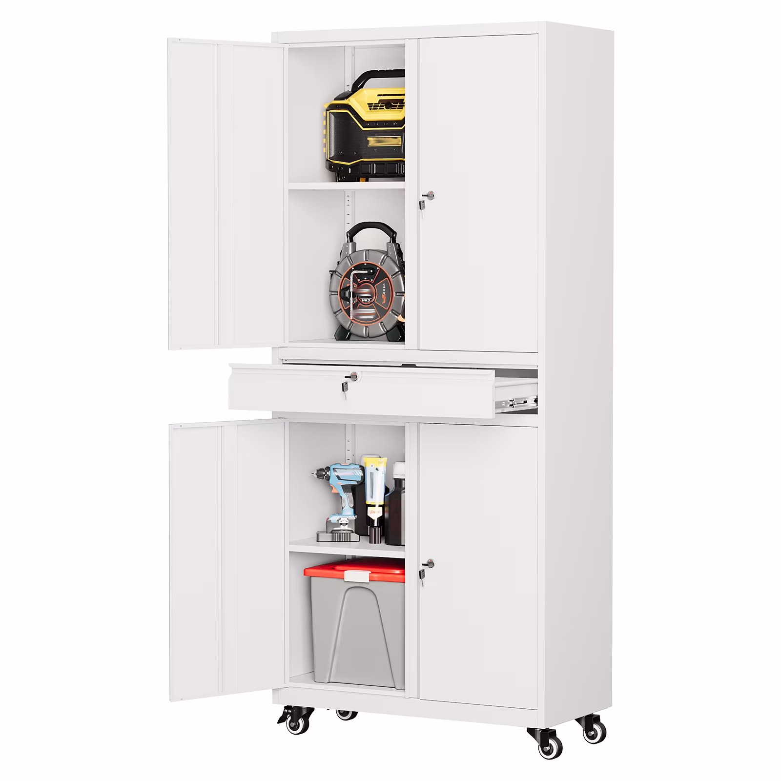 STANI Metal Garage Storage Cabinets with Drawer, 4 Doors Tool Storage Cabinet with 2 Adjustable Shelves, 73"H Rolling Steel Locking Cabinet for Garage Utility Room Home Office (Black, 4 Wheel) - Image 3