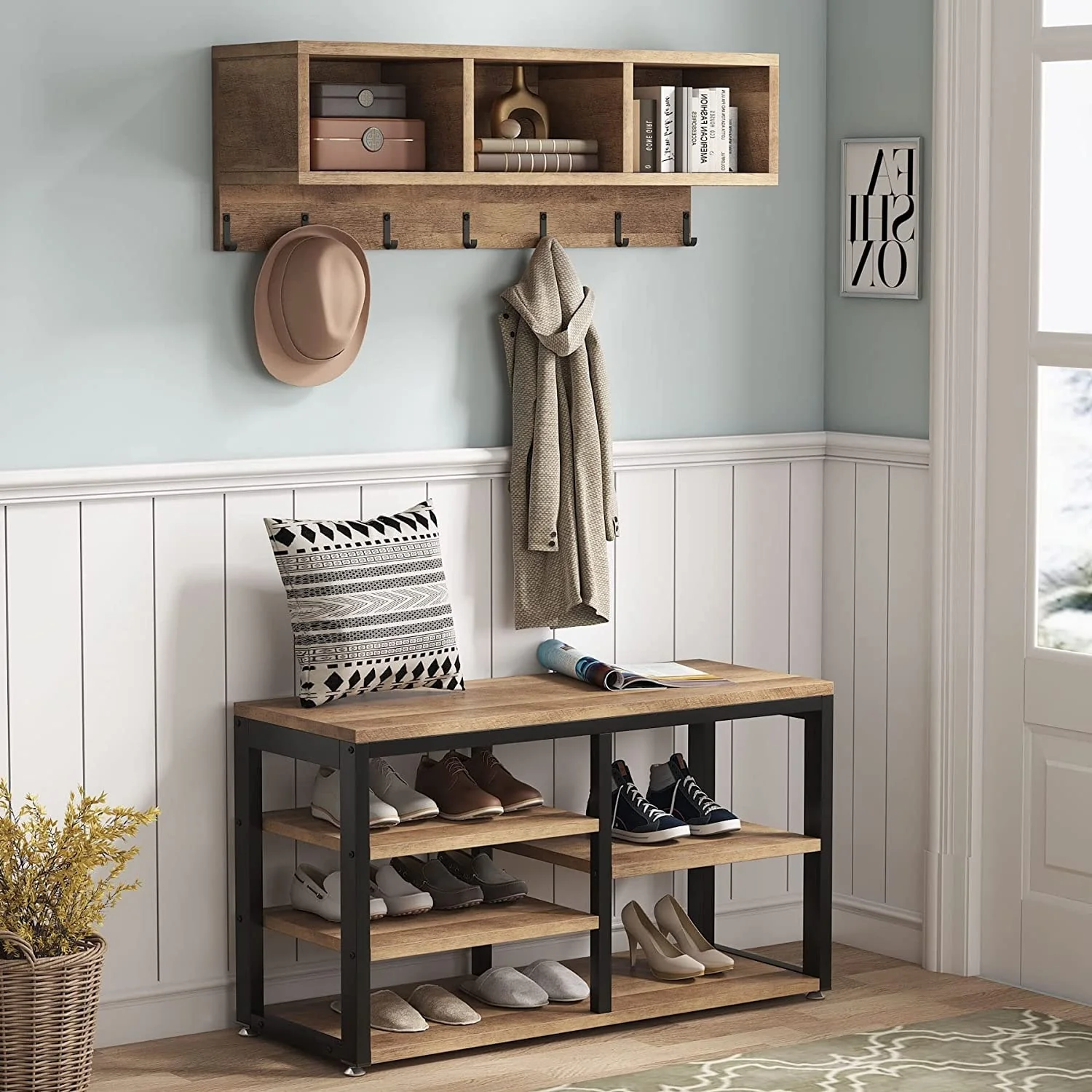 Entryway Coat Rack and Shoe Bench Set, Industrial Hall Tree with Coat and Shoe Storage - Image 3