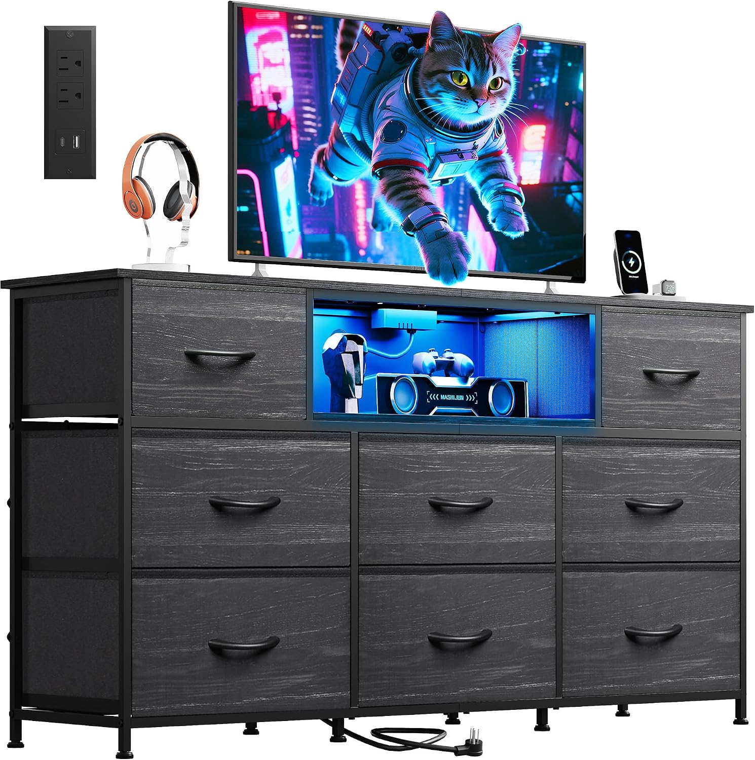 LED Dresser TV Stand for 65 Inch TV, 8 Drawers, Black - Image 12