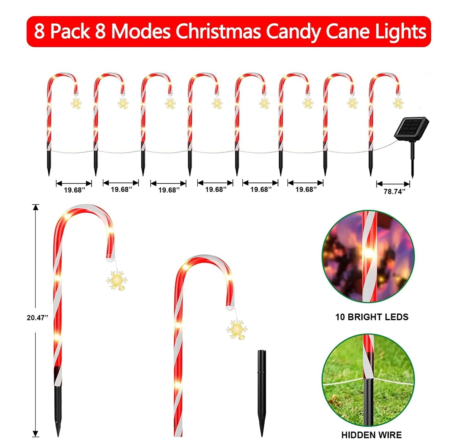 8 pk Solar Outdoor 20 inches LED 8 Modes Christmas Xmas Candy Cane Crutches with Stars Holiday Waterproof Pathway Warm Lights - Image 2