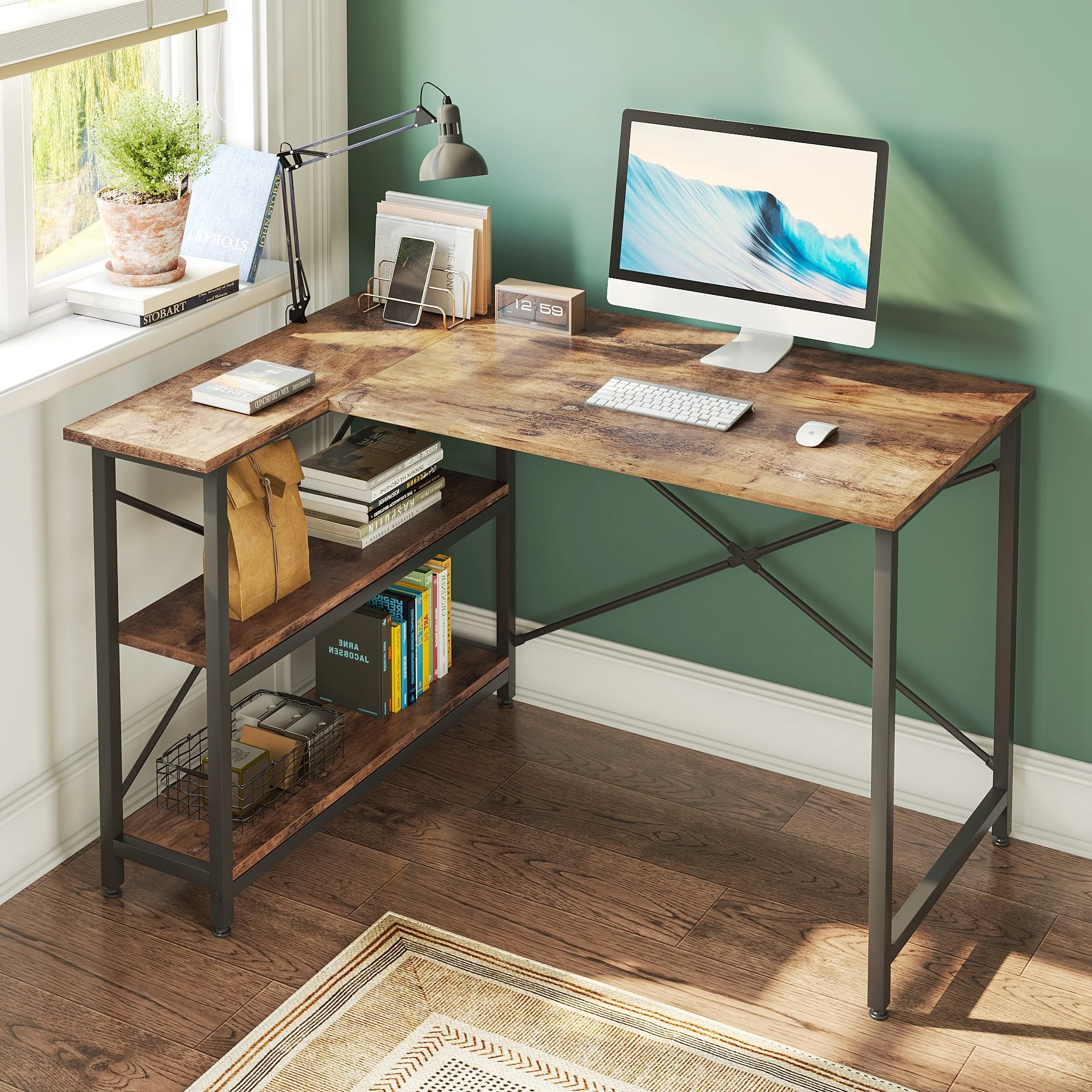 Small L Shaped Computer Desk with Storage Shelves, Compact Corner Workstation for Home Office and Study - Image 15