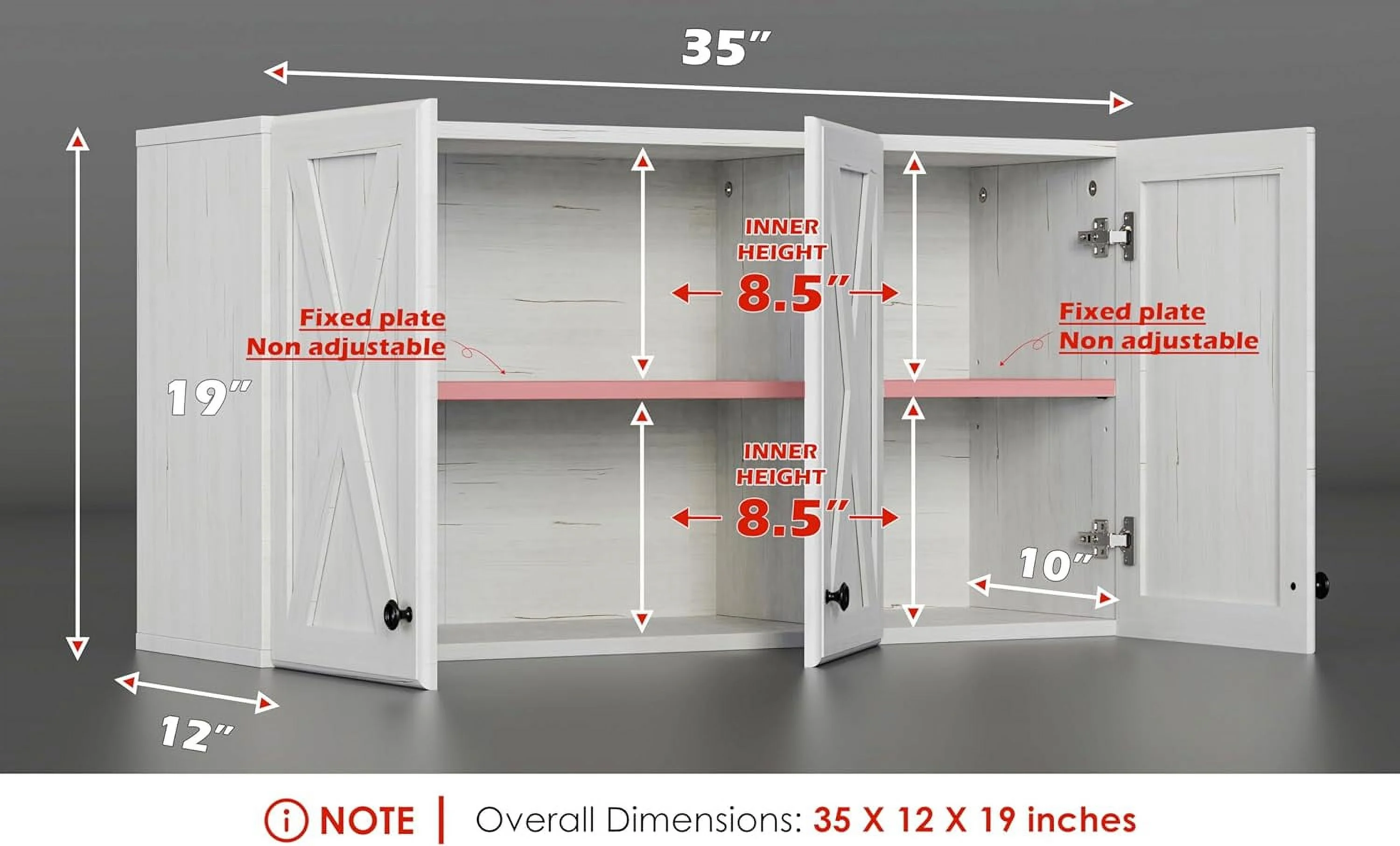 Wall Storage Cabinets - Farmhouse Kitchen Laundry White Wall Mounted Cabinets with 3 Doors and Shelves, 35inch Wide - Image 2