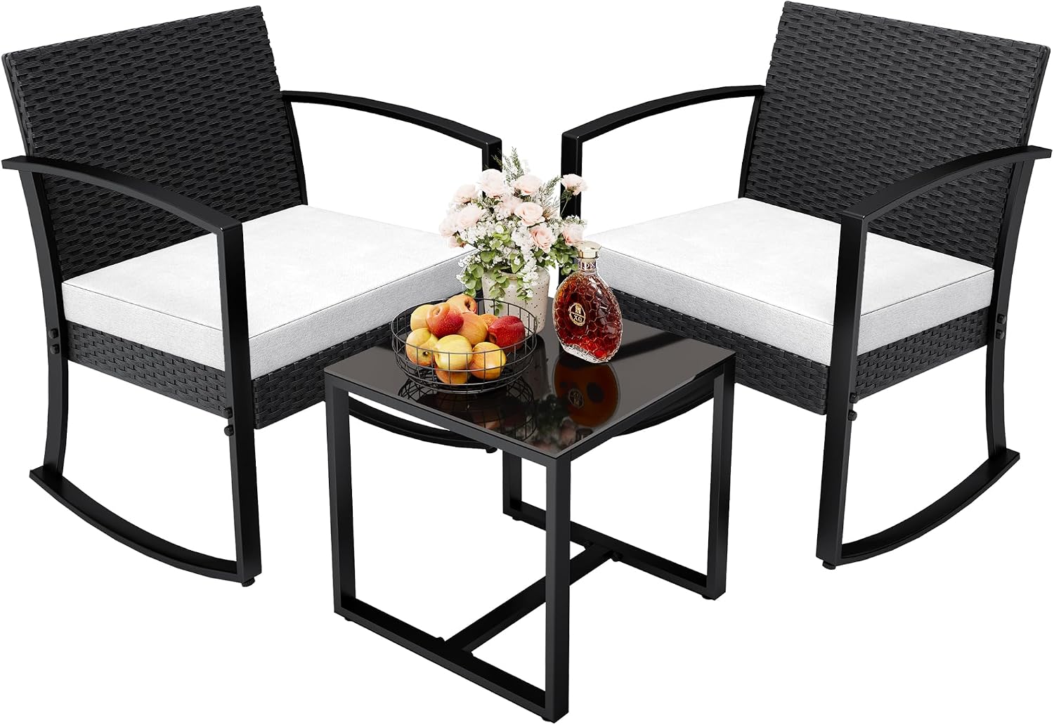 3 Pieces Outdoor Furniture Set, Patio Bistro Rocking Chairs with Glass Coffee Table for Pool, Beach, Backyard, Balcony, Porch, Deck, Garden, Black - Image 5