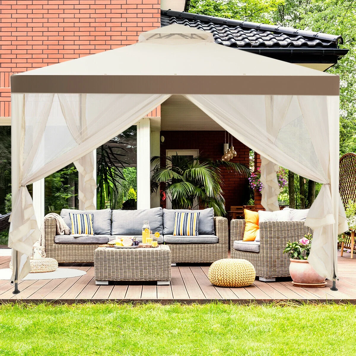 Gymax 10'x 10' Canopy Gazebo Shelter W/Mosquito Netting Outdoor Patio Beige - Image 5