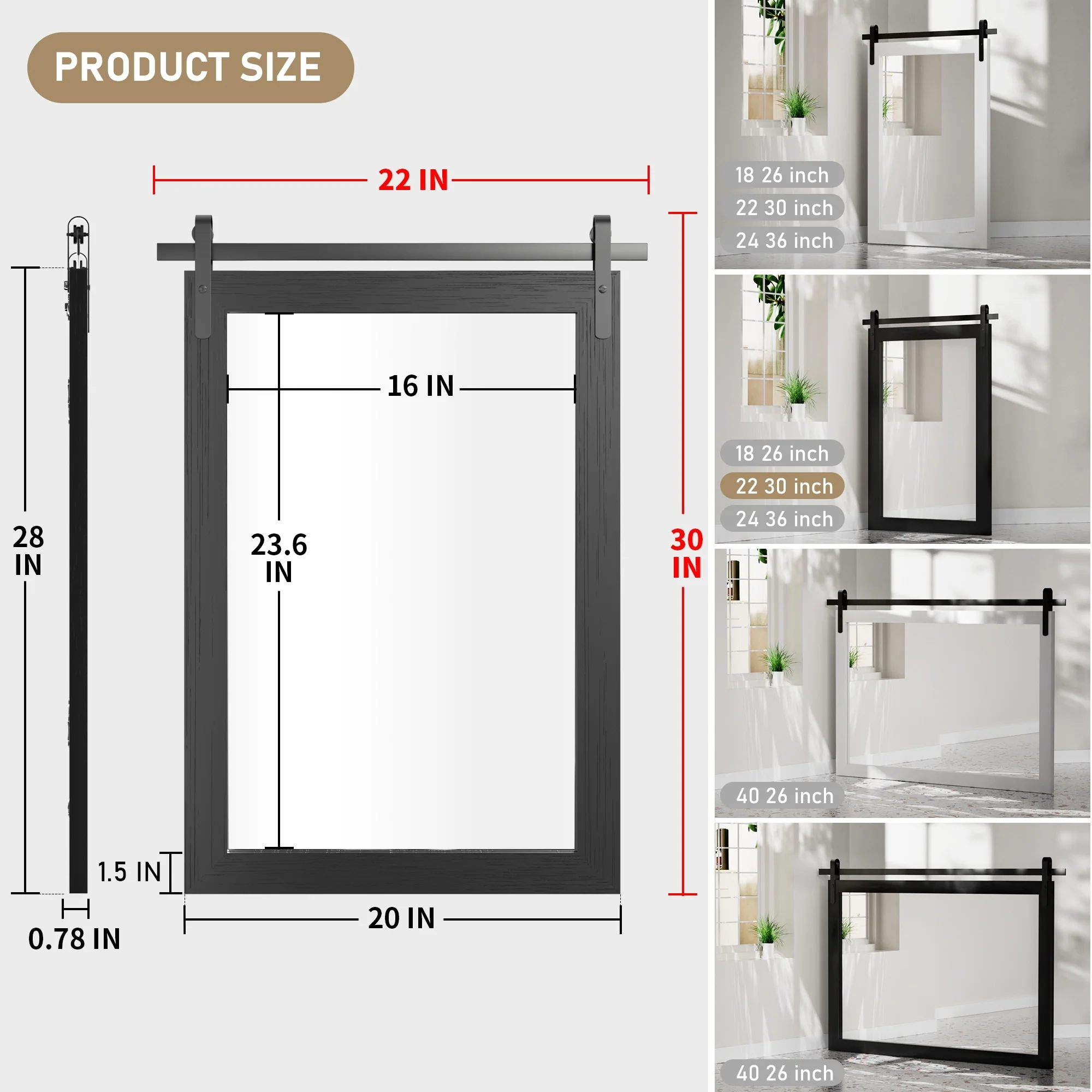 Modern Rectangular Wall Mirror with Wood Frame, Bathroom and Barn Door Mirror, Multiple Sizes - Image 28