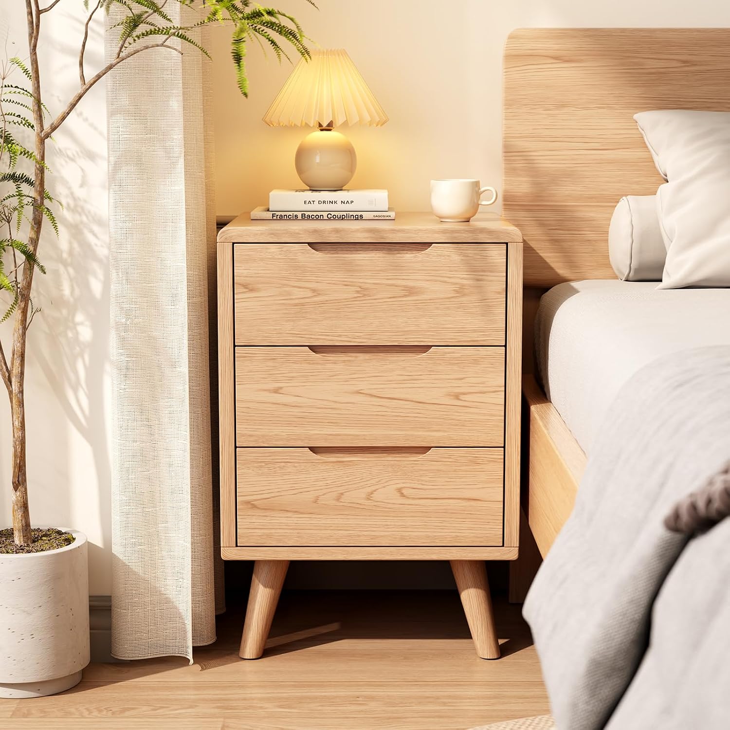 Walnut Solid Wood Nightstand with Drawers, Mid Century Modern Nightstand with Storage, Small Bedside Table for Bedroom, Living Room & Office - Image 3