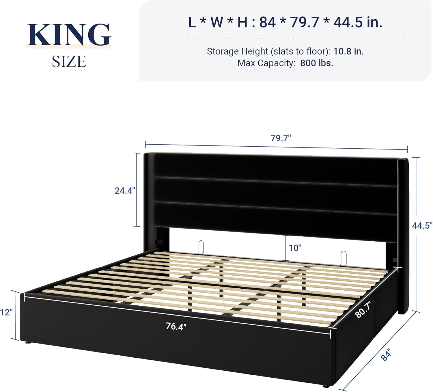 Queen Size Lift Up Storage Bed with Wingback Headboard, Upholstered Platform Bed Frame with Hidden Storage - Image 140