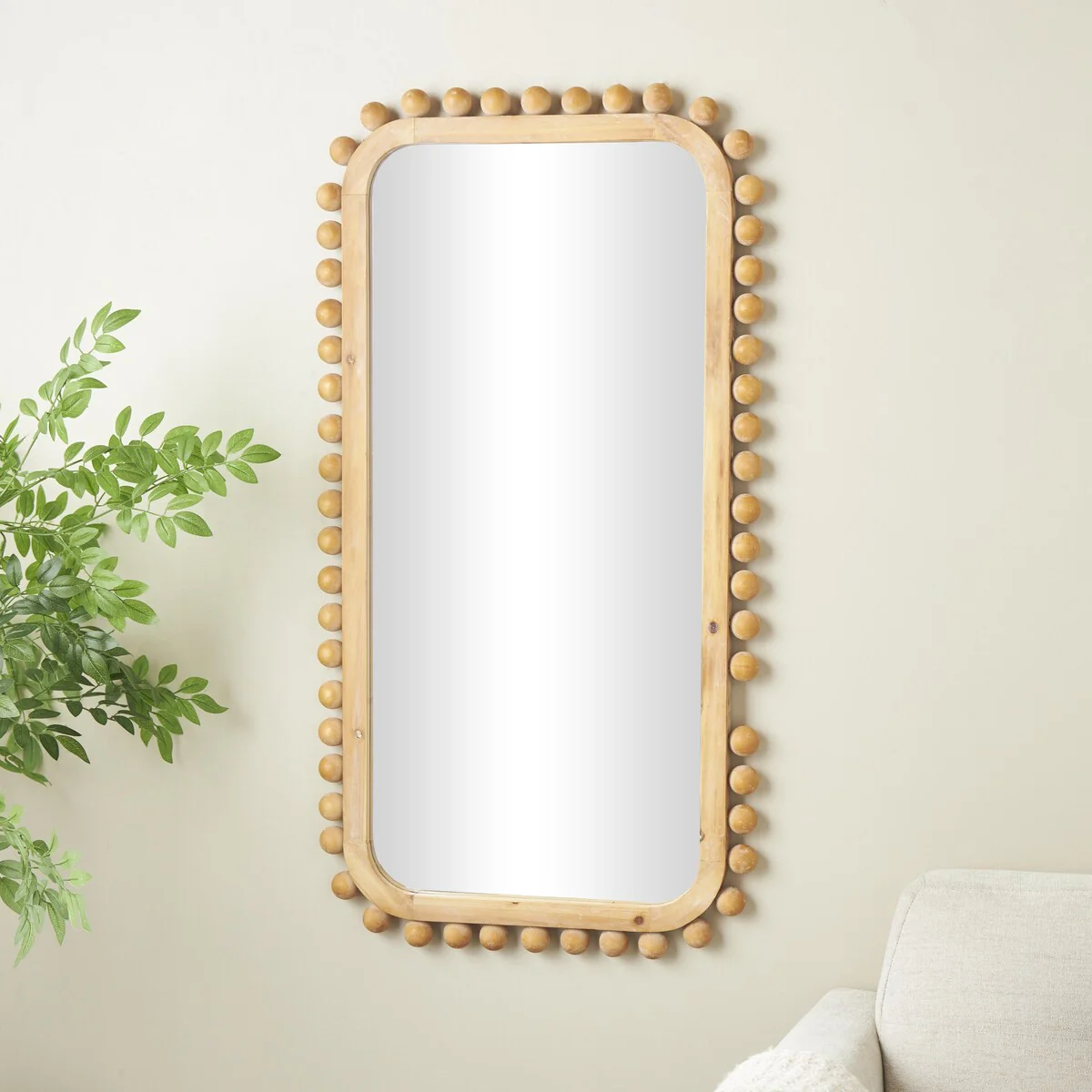 Brown Wood Wall Mirror with Beaded Frame, Rustic Decorative Mirror for Home - Image 2
