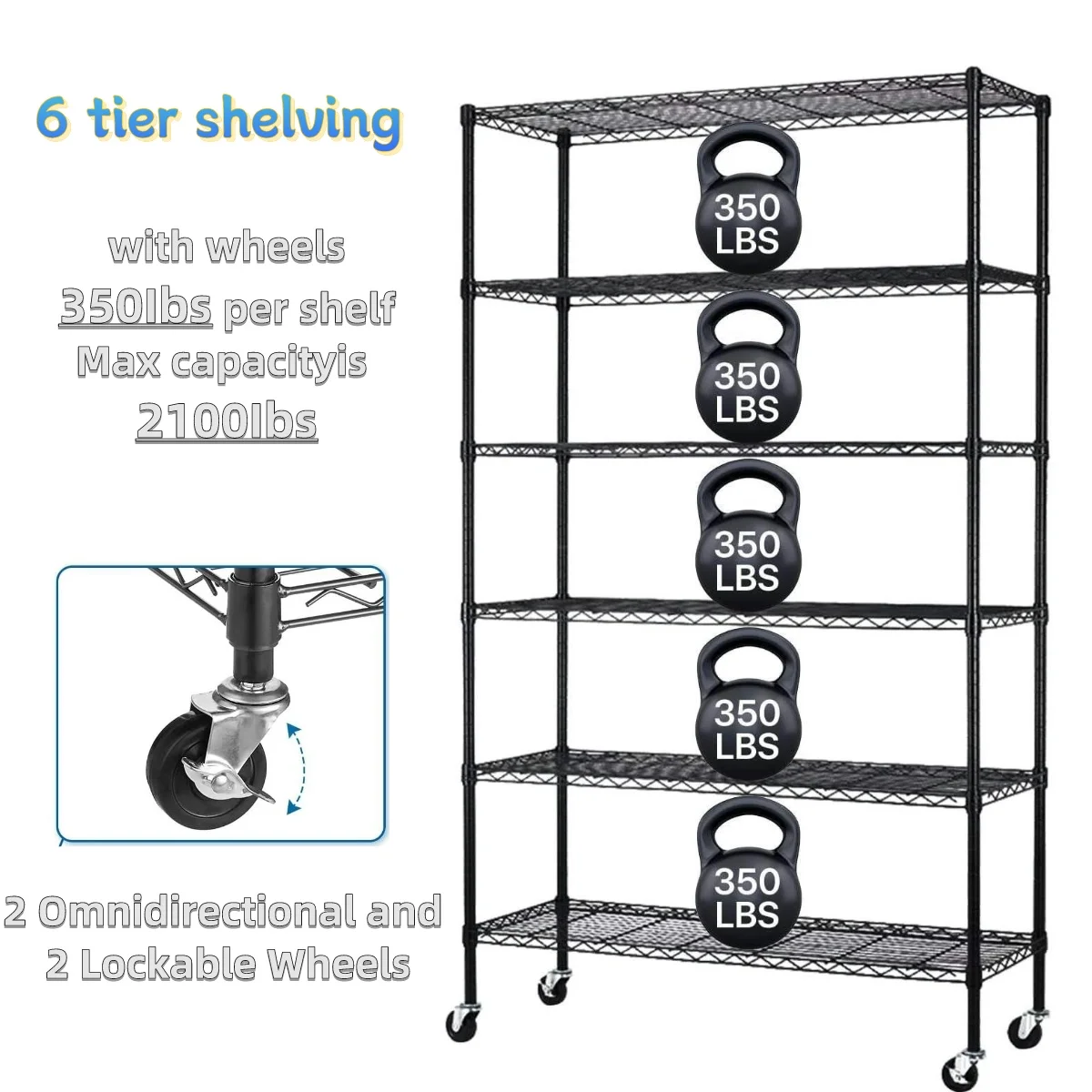 XF XINFENG 6 Tier Storage Shelves Adjustable Wire Shelving Heavy Duty Metal Shelves with Wheels 2100 lbs Capacity,Black - Image 5