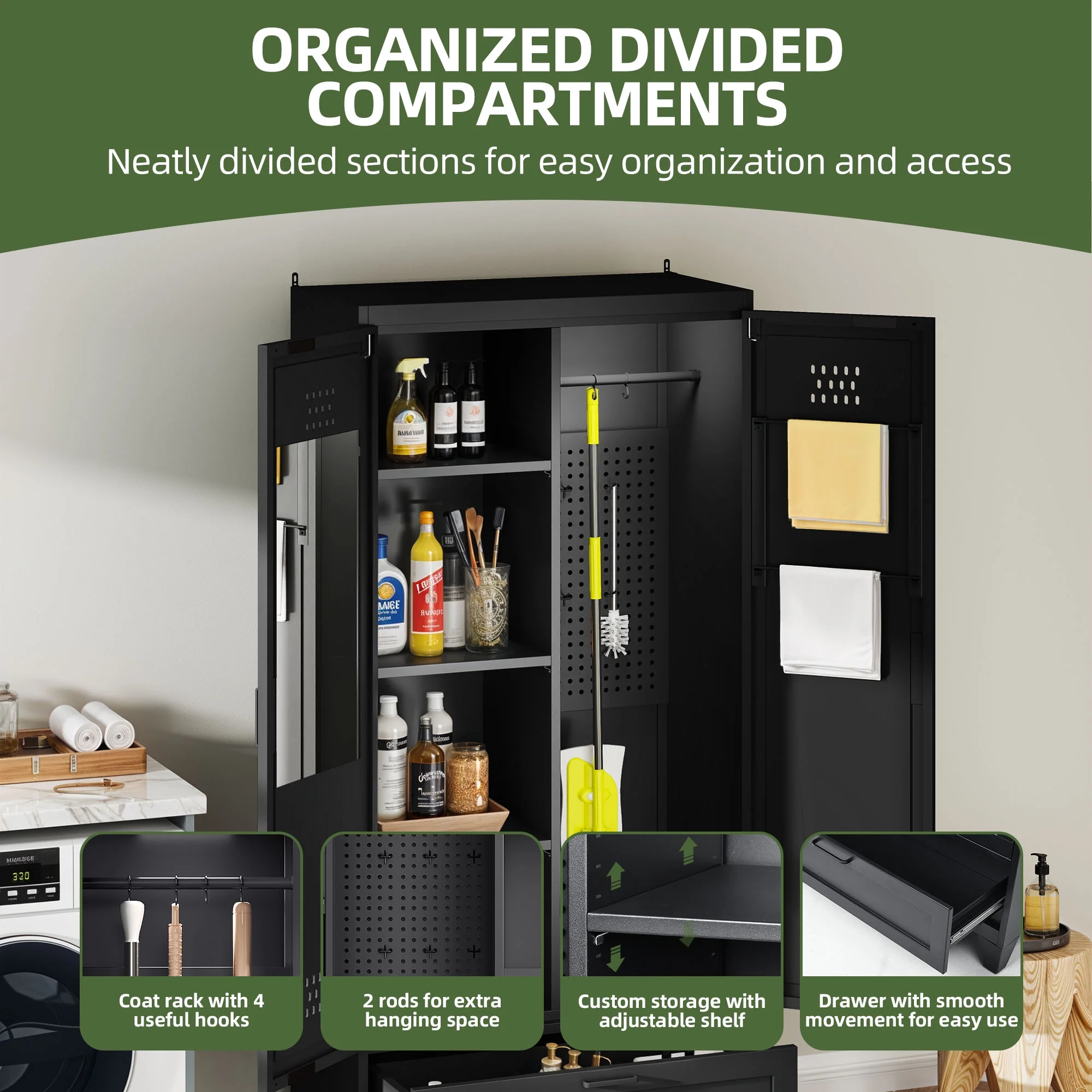 Uforic 70.9" Garage Storage Cabinet with Doors & Shelves, Metal Cabinet with Lights, Black - Image 2