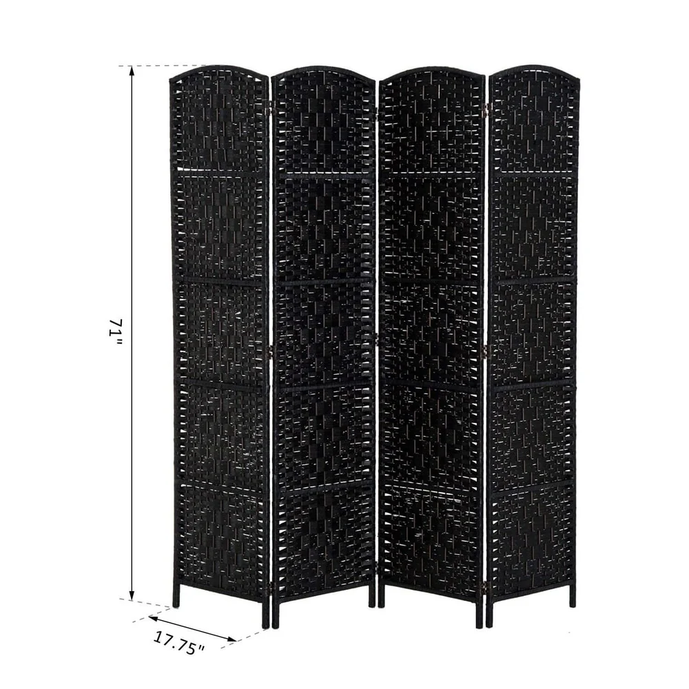6 Ft Tall Four-Panel Wicker Weave Room Divider, Black Wood Privacy Screen - Image 2