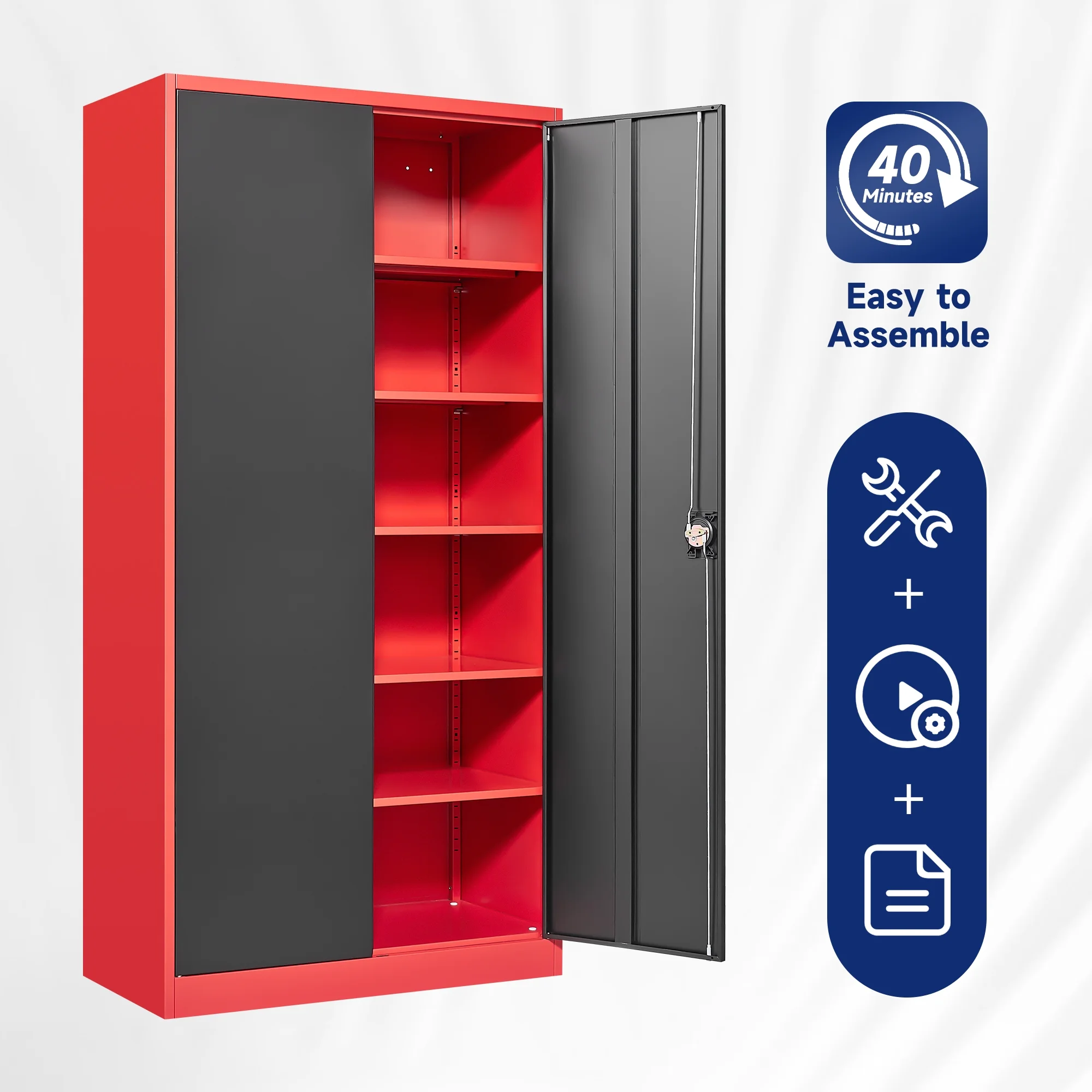 AUHUP 71" Metal Cabinet with 5 Adjustable Shelves, Garage Storage Cabinets with Locking Doors,Tool Storage Cabinet for Home Office,Warehouse,Workshop(Red Black) - Image 9