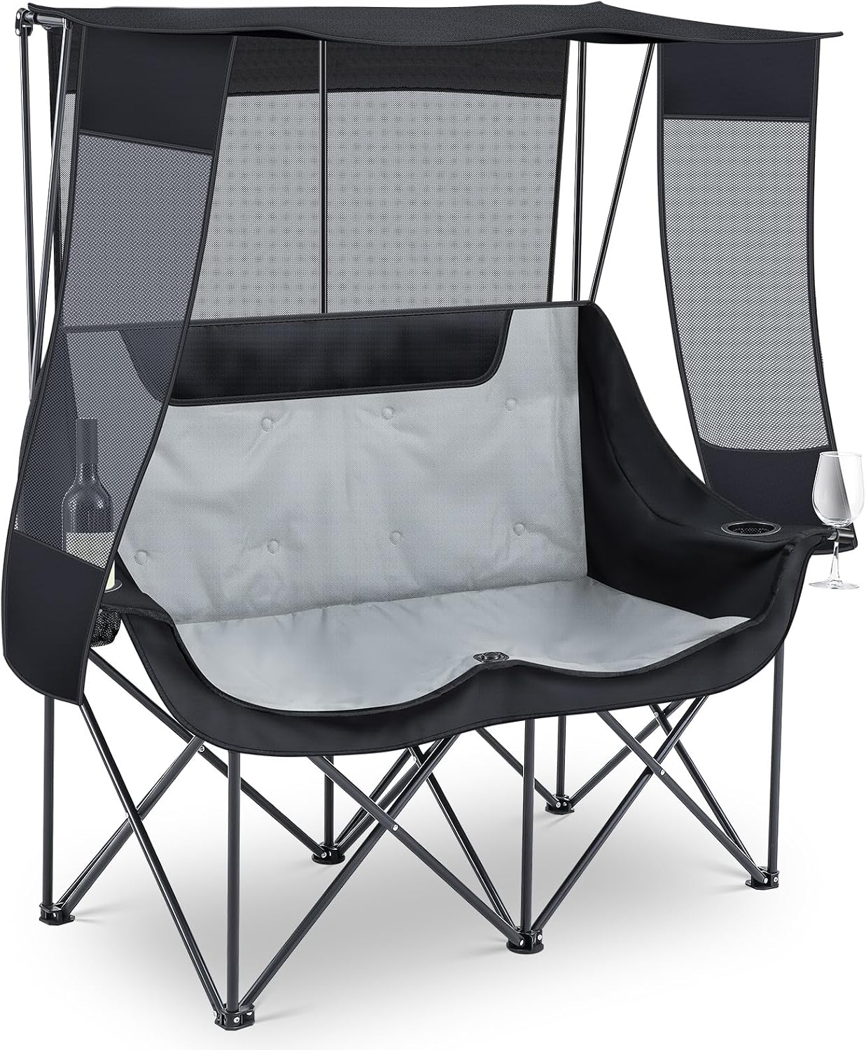 Double Camping Chair with Canopy 660lbs Heavy Duty, Black and Grey - Image 3