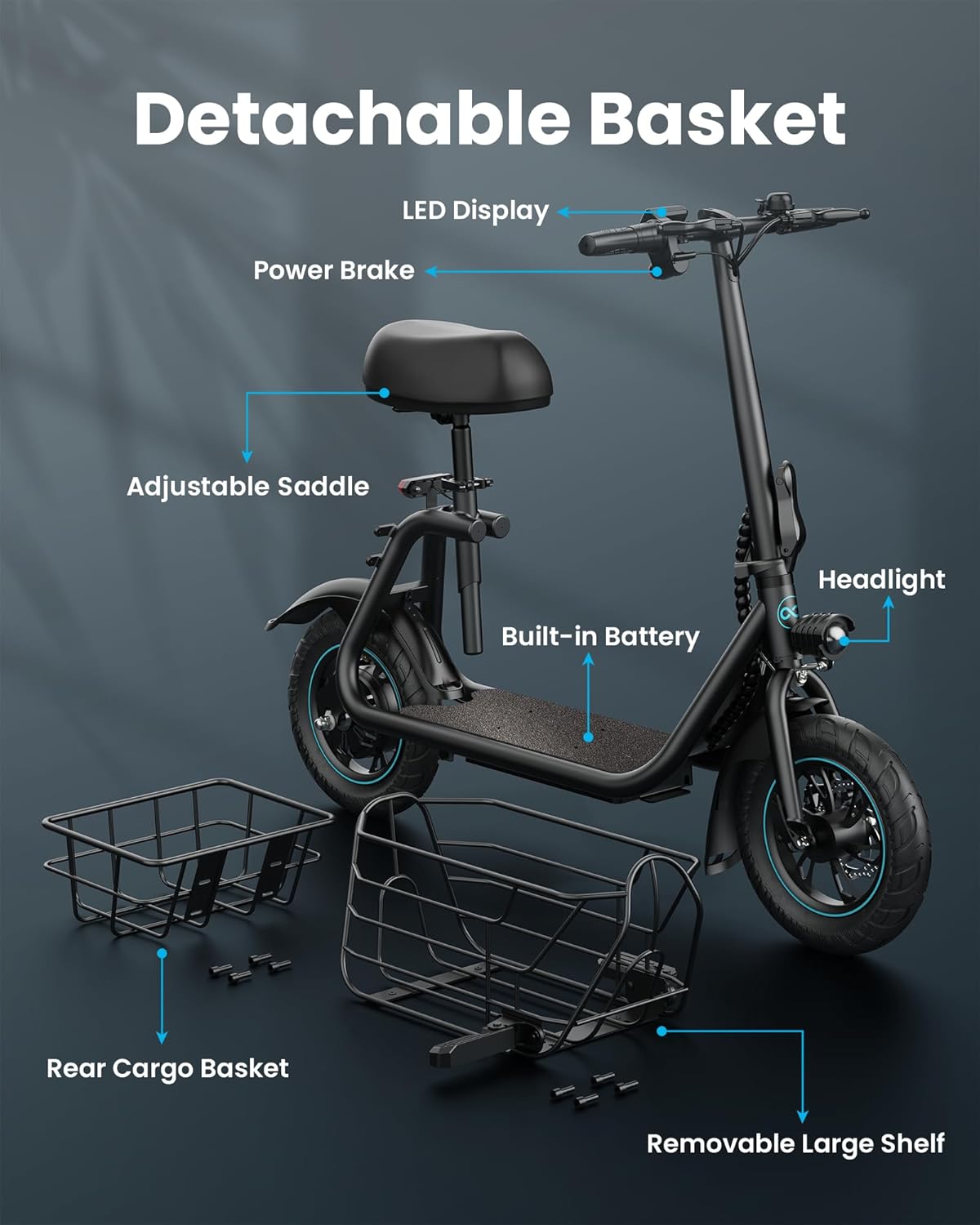 Electric Scooter with Large Basket, 550W Motor - Image 3