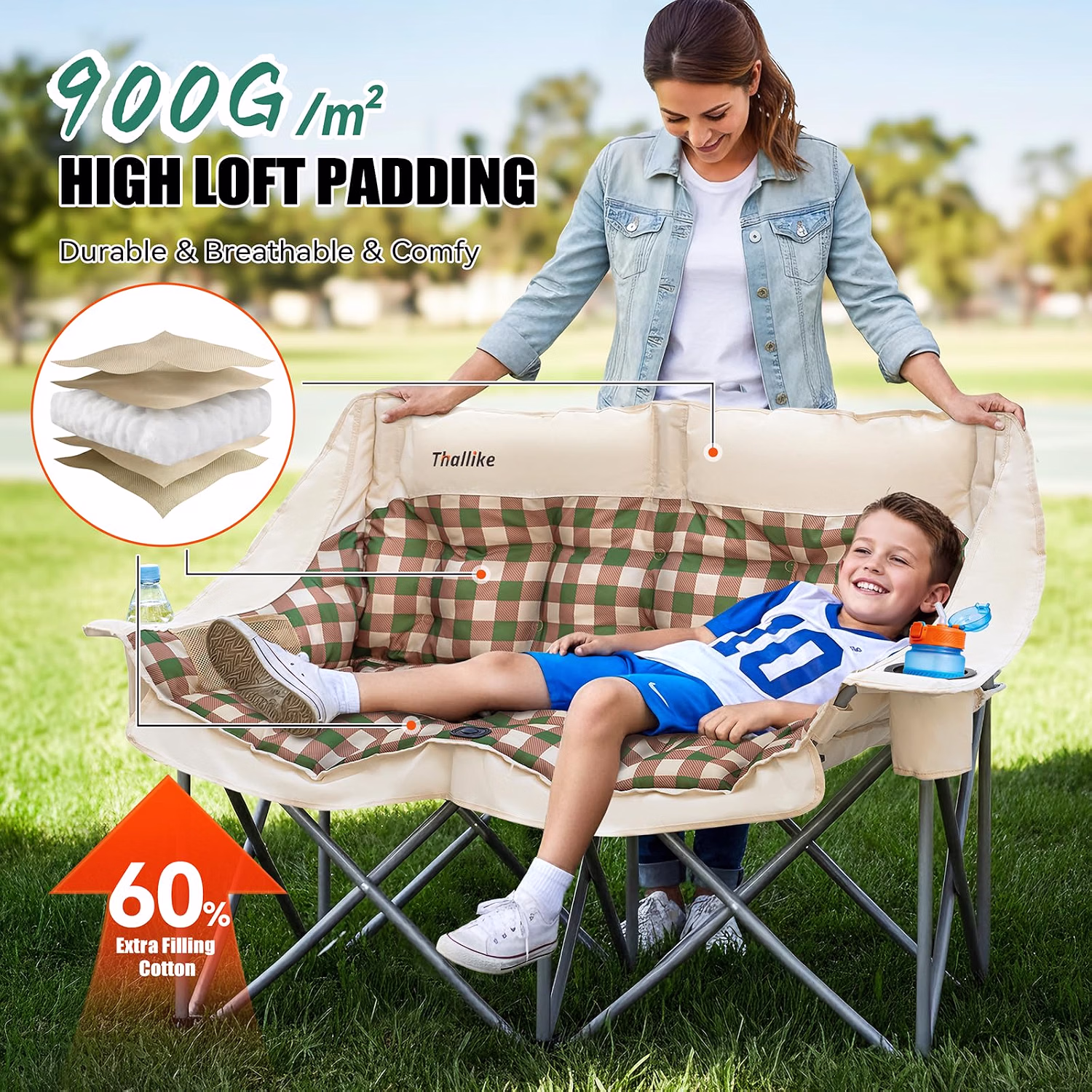 Double Camping Chair, Oversized 2 Person Camp Chairs with Cup Holders Side & Backrest Mesh Pockets Padded Loveseat Camping Chair Foldable for Outdoor Lawn Backyard Beach Support 800LB - Image 4