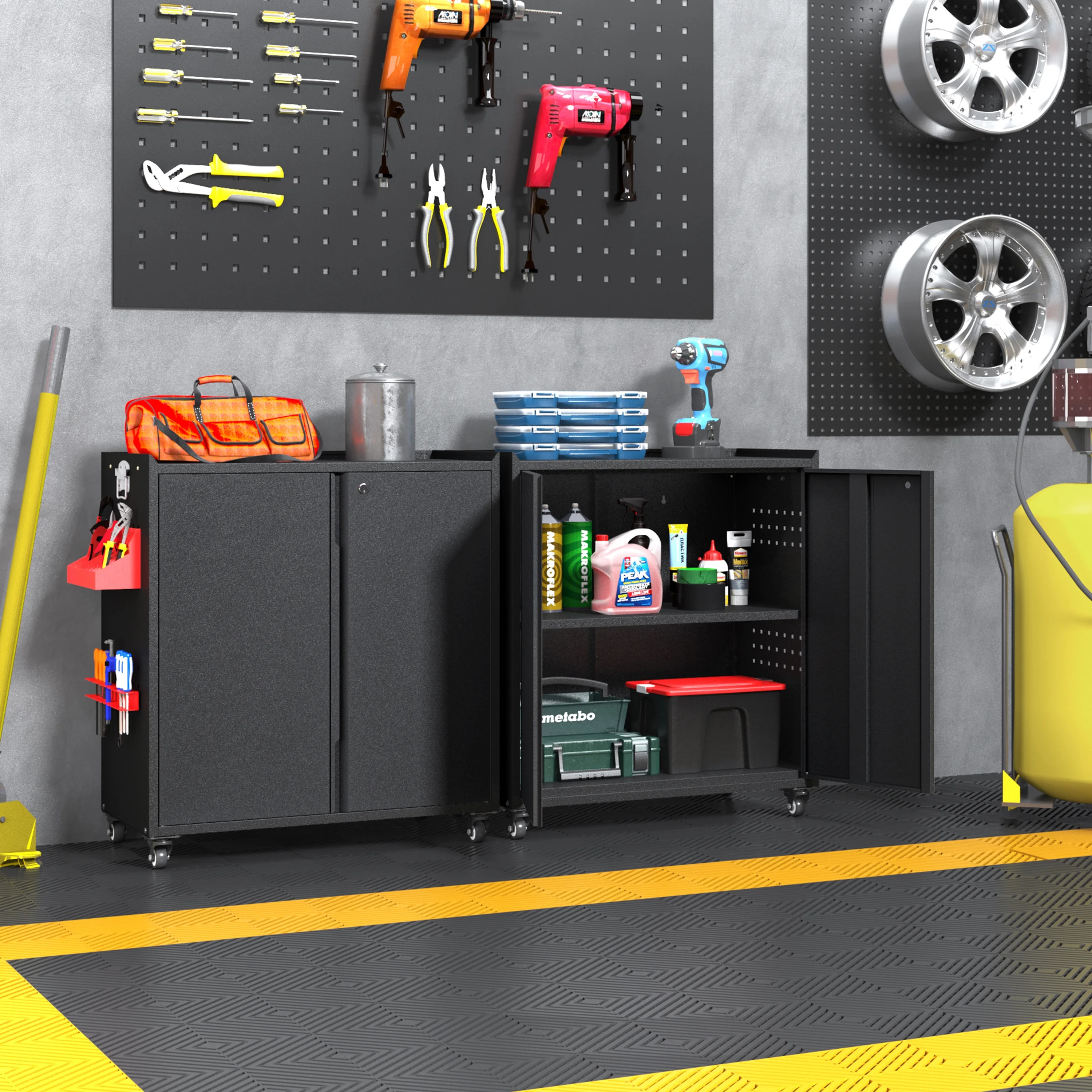 Metal Storage Cabinet with Wheels,Tool Storage Cabinet with Doors and Shelves Adjustable,Heavy Duty Garage Storage Cabinet,Steel Locking Storage Cabinet for Garage/Warehouse/Office/School/Home-Black - Image 2
