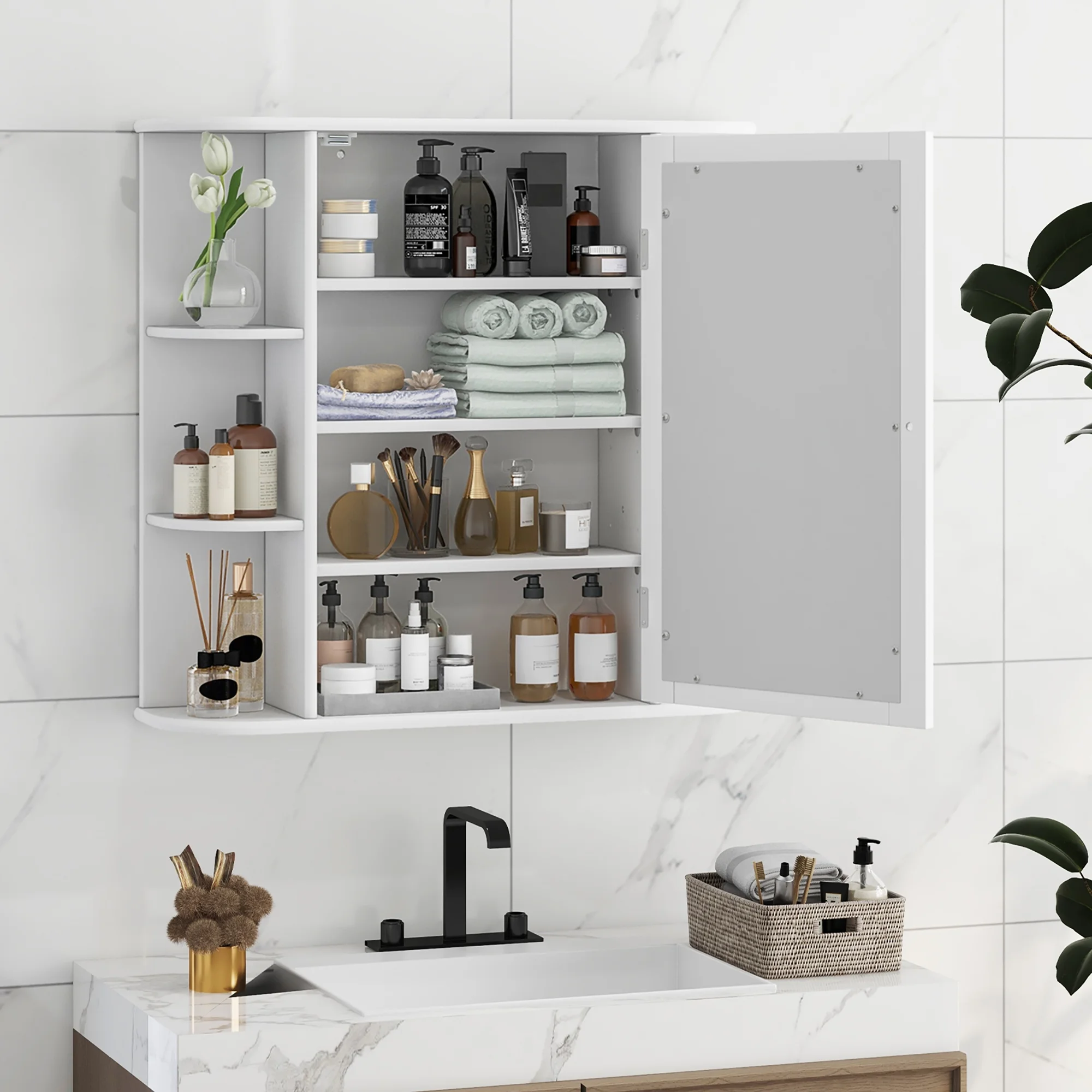 Gymax Bathroom White finish Multipurpose Mount Wall Surface Storage Cabinet Mirror - Image 3