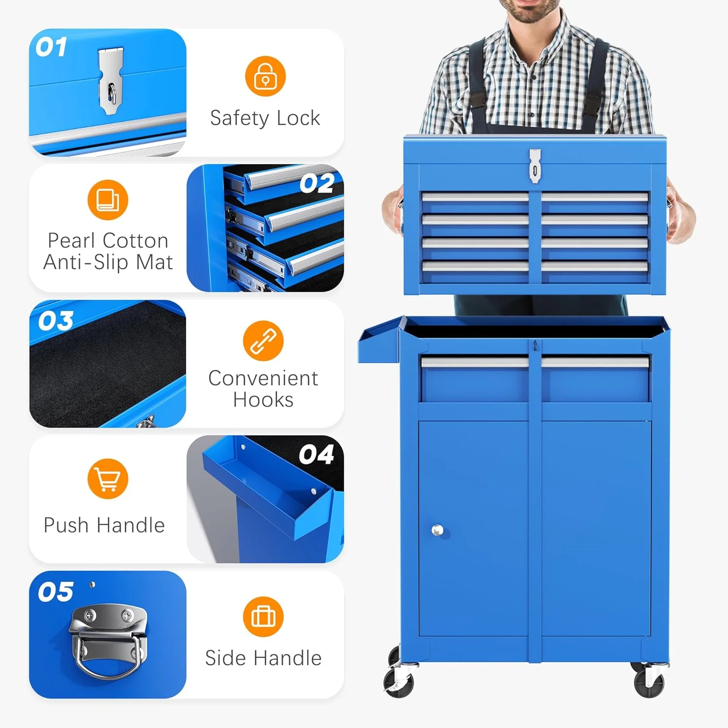 SUNCROWN 2-IN-1 Tool Chest, 8-Drawer Rolling Tool Chest with Hooks and Lockable Wheels,Metal Storage Detachable Top Tool Box with Lockable Wheels for Garage, Workshop, Art Studio(Black) - Image 20