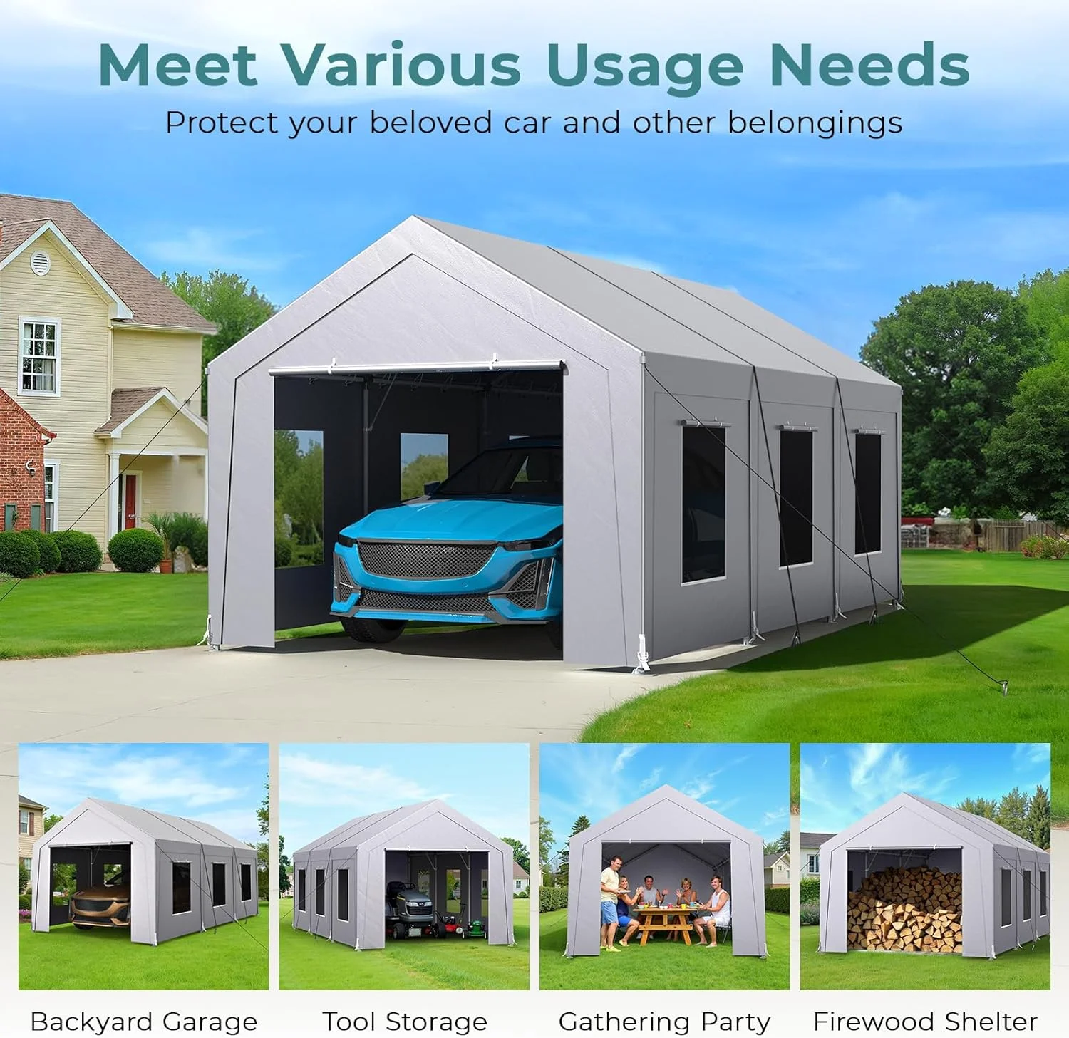 Vitarpatio Carport, 10x20 ft Heavy Duty Car Port Canopy with 6 Roll-up Windows, Reinforced Metal Carport Portable Garage Waterproof Car Tent with Removable Sidewalls & Door - Image 7