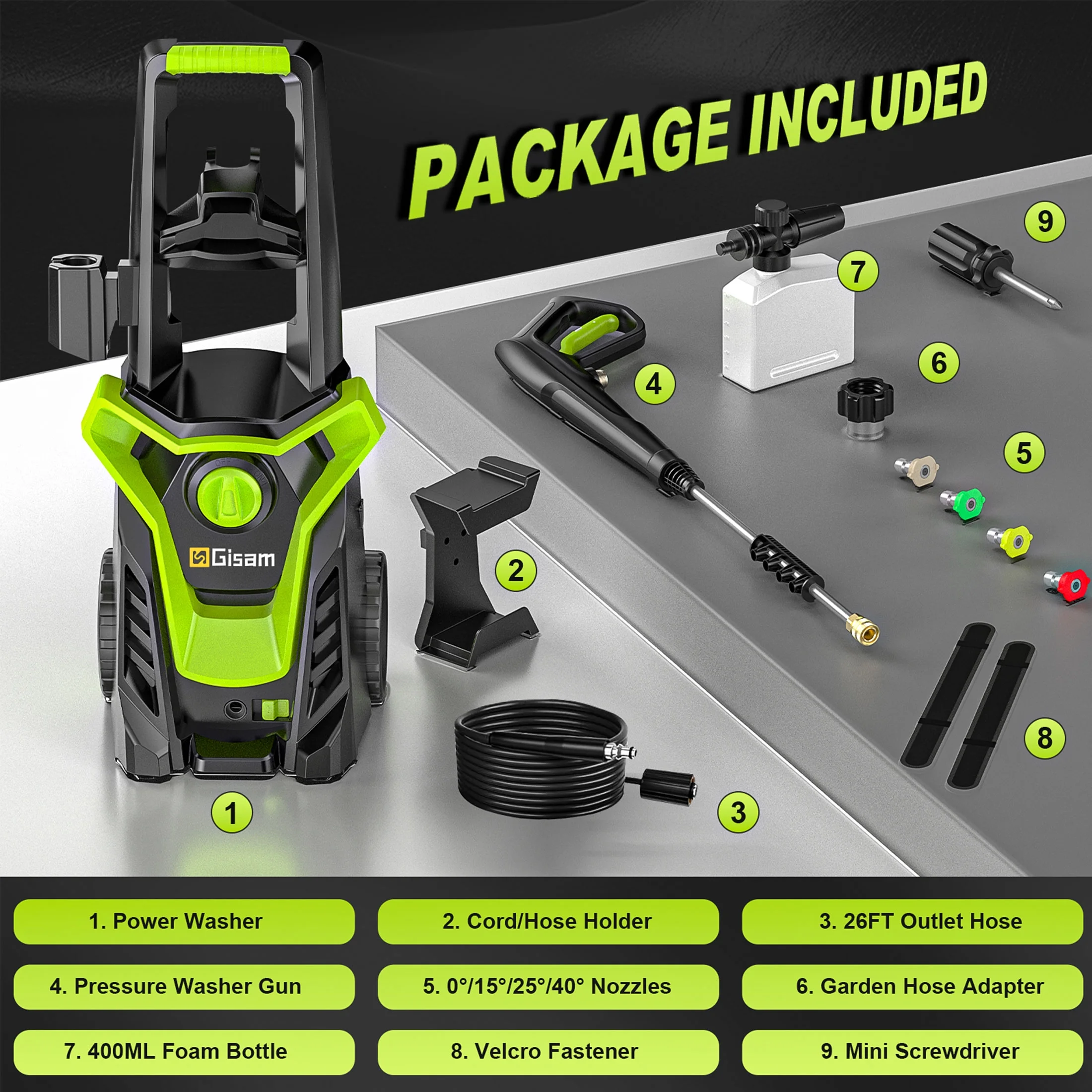 Gisam Electric High Pressure Washer, 4300 PSI 2.5 GPM, with 4 Quick Connect Nozzles, Foam Can, for Cars/ Fences/ Driveways/ Patios / Home Cleaning - Image 8