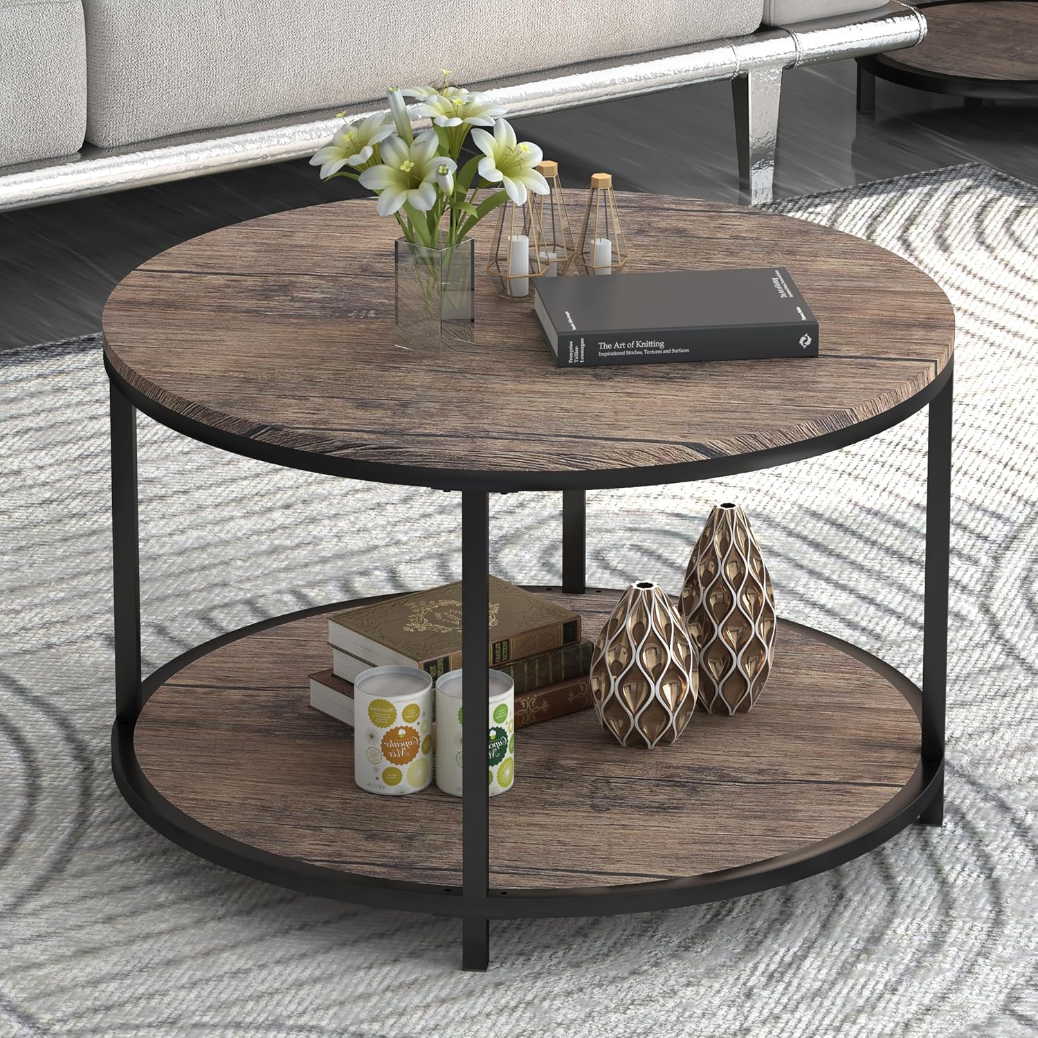 Round Coffee Table, 36" Coffee Table for Living Room, 2-Tier Rustic Wood Desktop with Storage Shelf, Modern Design Home Furniture (Light Walnut) - Image 9
