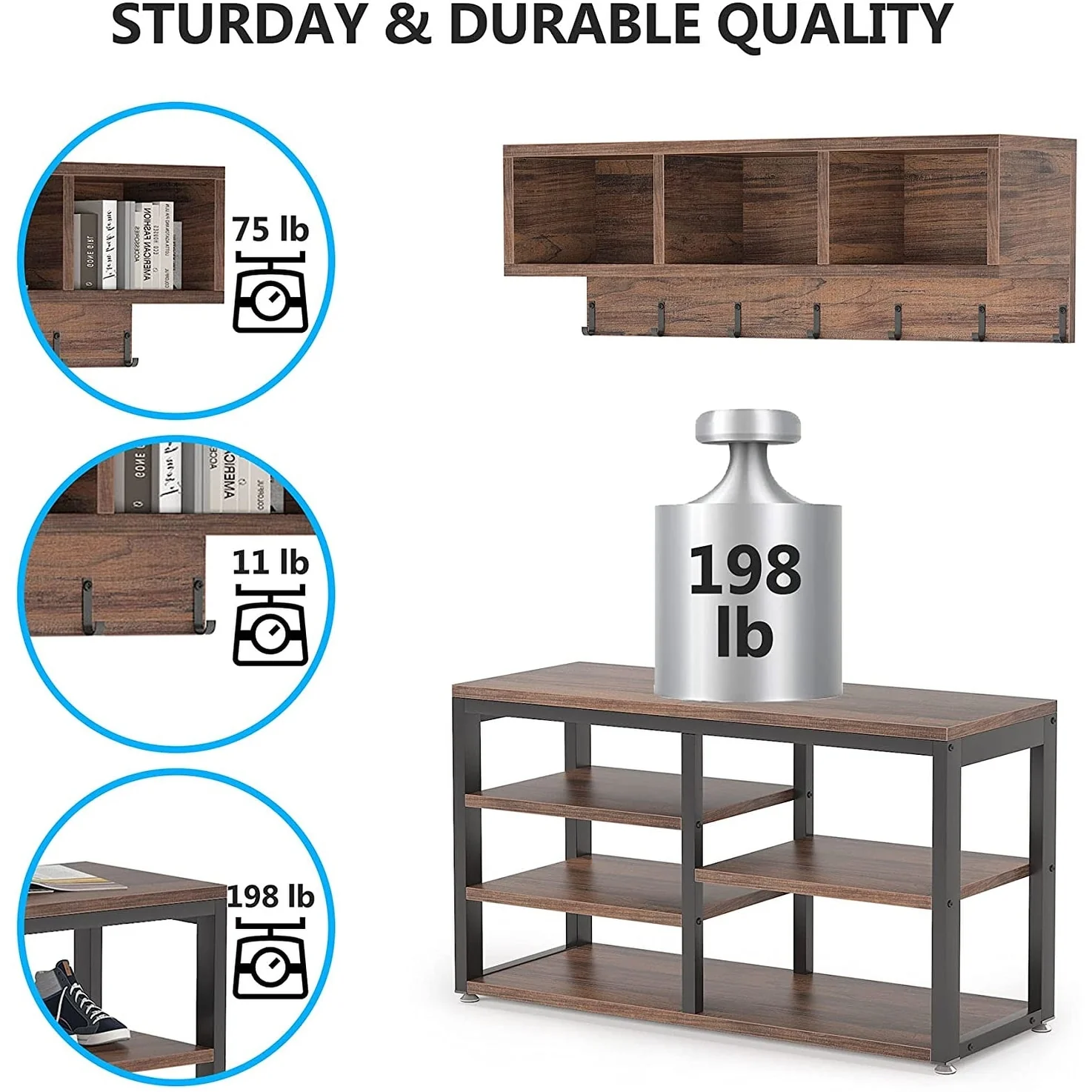 Entryway Coat Rack and Shoe Bench Set, Industrial Hall Tree with Coat and Shoe Storage - Image 15