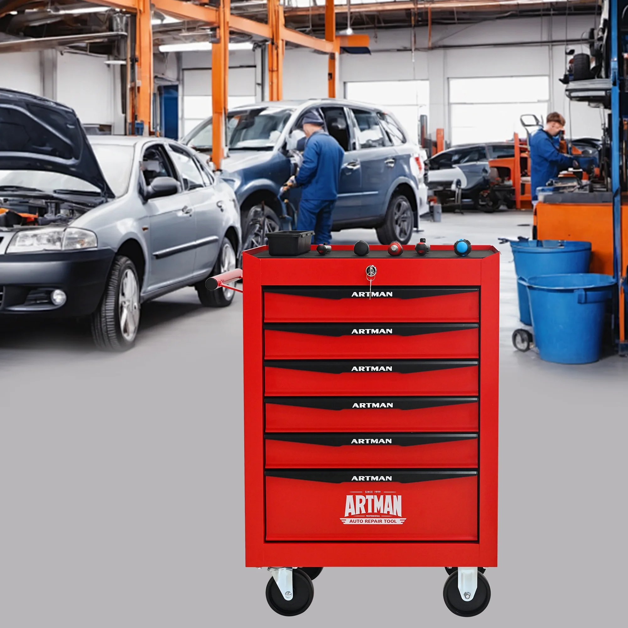 NIGSQJB 30.5"H Rolling Tool Chest Cart with 6 Drawers, 7 Small Tool Boxes Organizers, Lockable Tool Cabinet Storage with Wheels for Garage, Warehouse,Workshop, Repair Shop, DIY, Red - Image 2