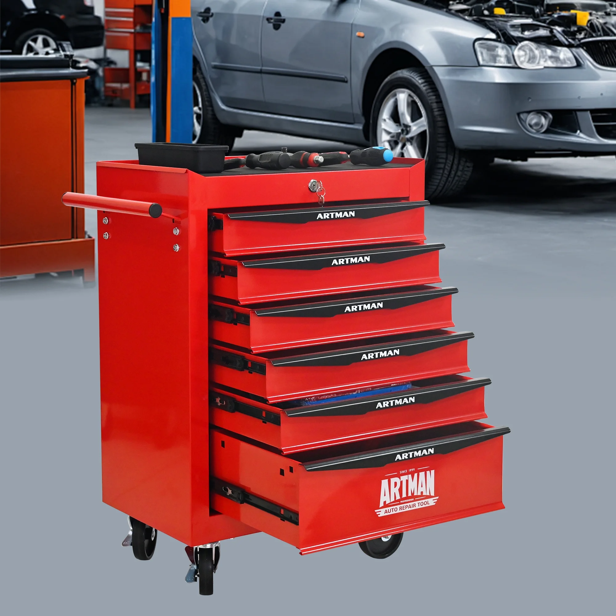 NIGSQJB 30.5"H Rolling Tool Chest Cart with 6 Drawers, 7 Small Tool Boxes Organizers, Lockable Tool Cabinet Storage with Wheels for Garage, Warehouse,Workshop, Repair Shop, DIY, Red - Image 6
