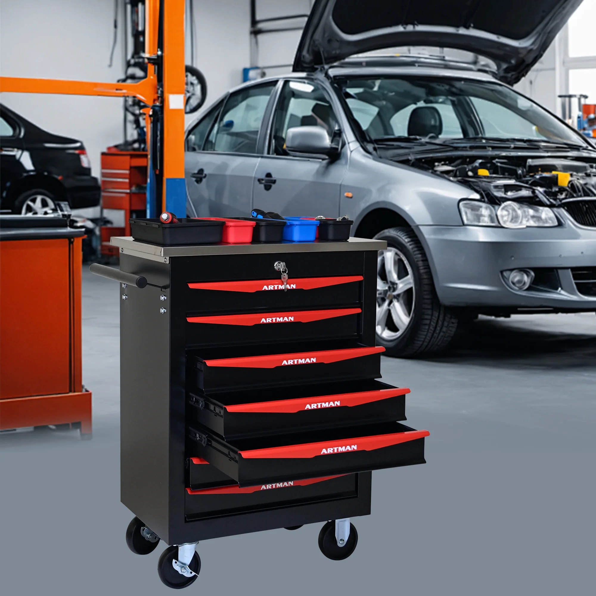 ARTMAN 6 Drawers Metal Rolling Storage Tool Chest Cabinet Cart with Wheels,with Key Locking and Parking Brake, Tool Box for Garage Workshop Warehouse - Image 57
