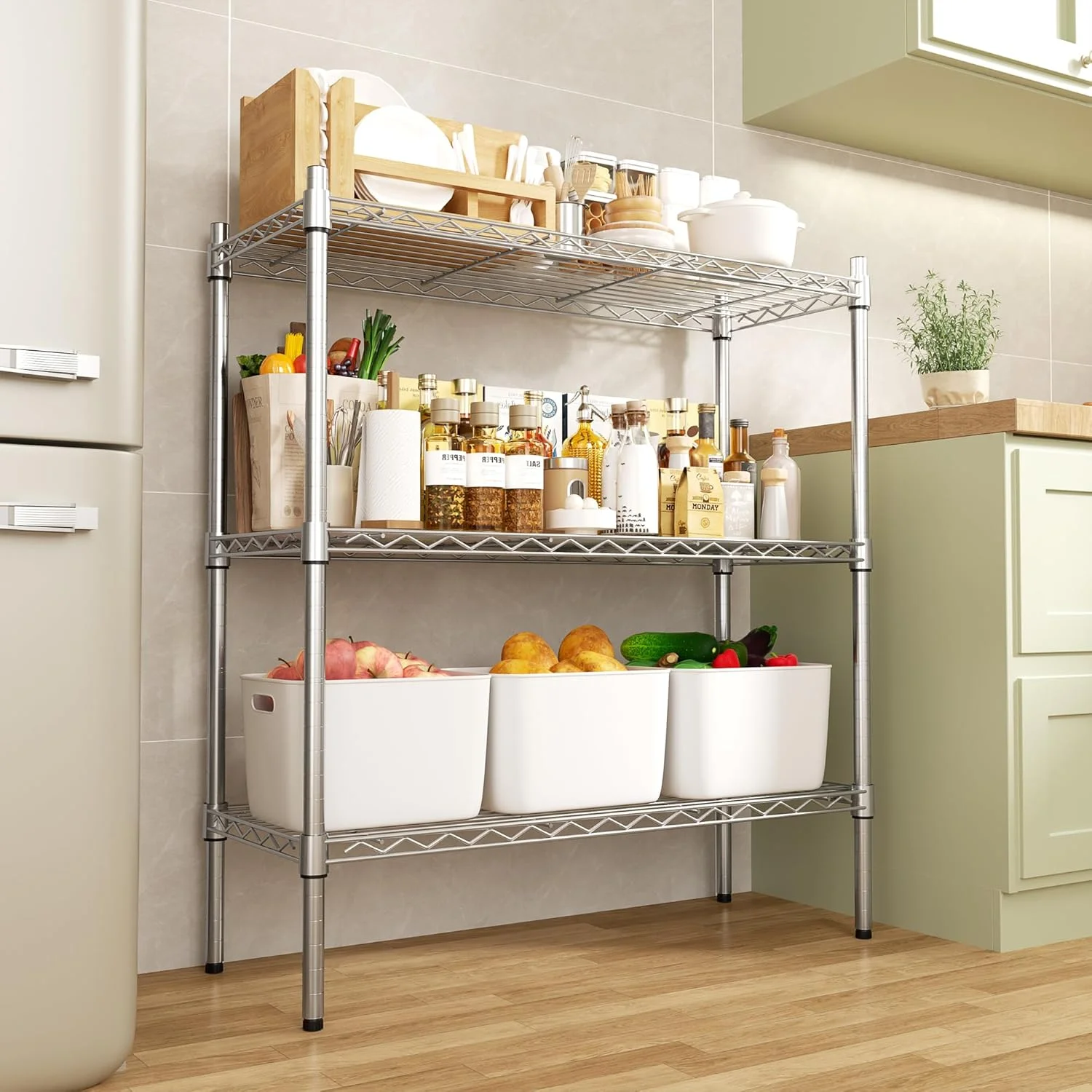 3-Shelf Storage Wire Shelves Heavy Duty 3 Tiers Standing Shelving Units Adjustable Metal Organizer Wire Rack, Chrome - Image 2