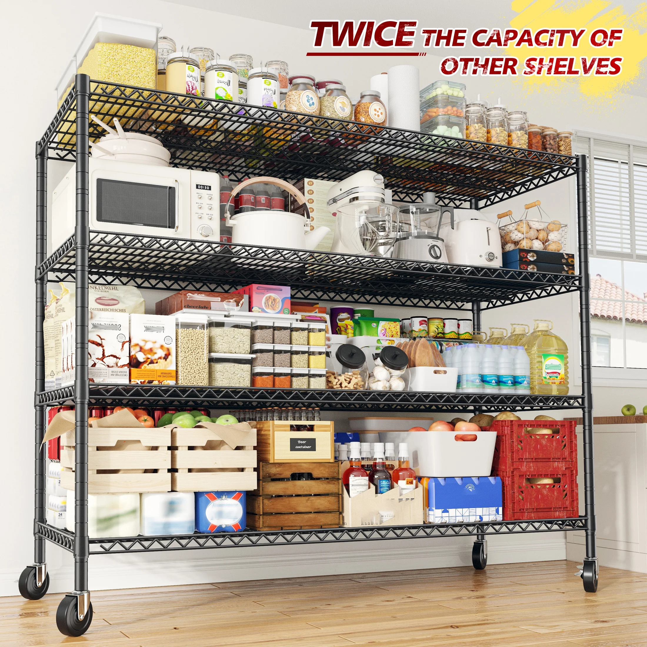 REIBII 85.7"H Storage Shelving Rack 5 Tier Wire Shelves with Wheels 3000Lbs Adjustable Garage Shelving Unit for Kitchen Pantry,55.2"W x 24.2"D - Image 13