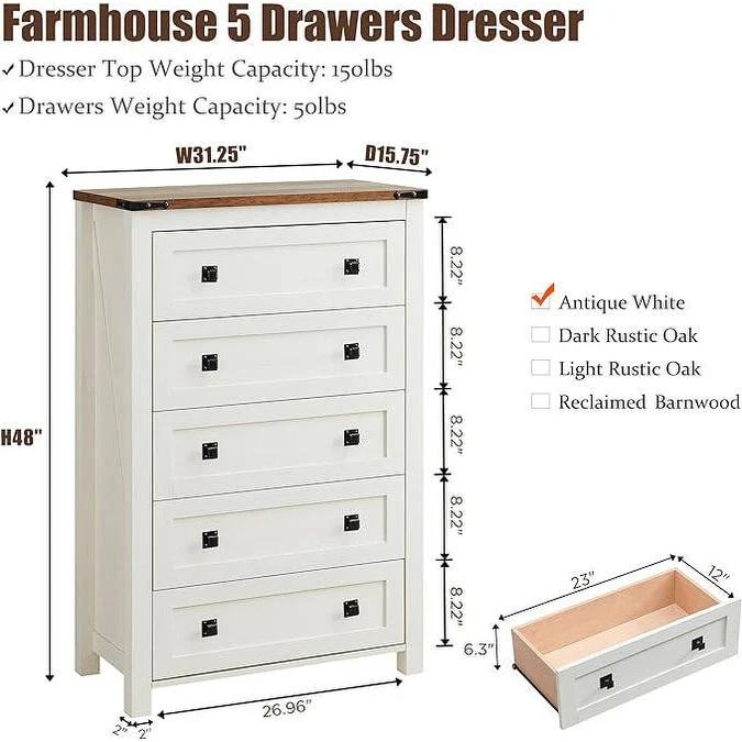 48 Inch Tall Farmhouse Wood Dresser, 5 Drawer Chest of Drawers for Bedroom - Image 21