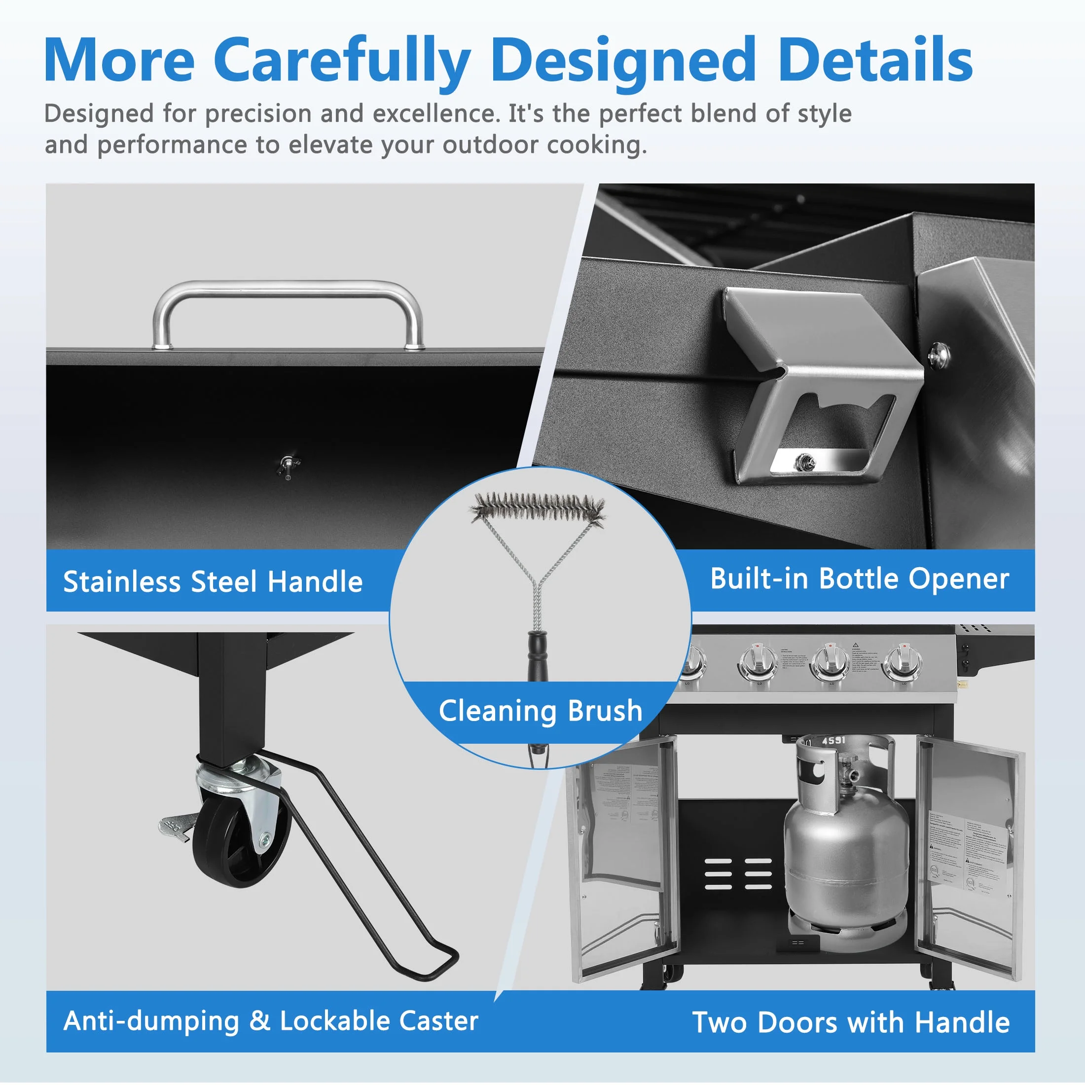 SEGMART 4 Burner BBQ Propane Gas Grill, Stainless Steel 40,000 BTU Patio Garden Barbecue Grill with Folding Side Tables, Cleaning Brush & Thermometer, Perfect for Camping, Outdoor Cooking - Image 7