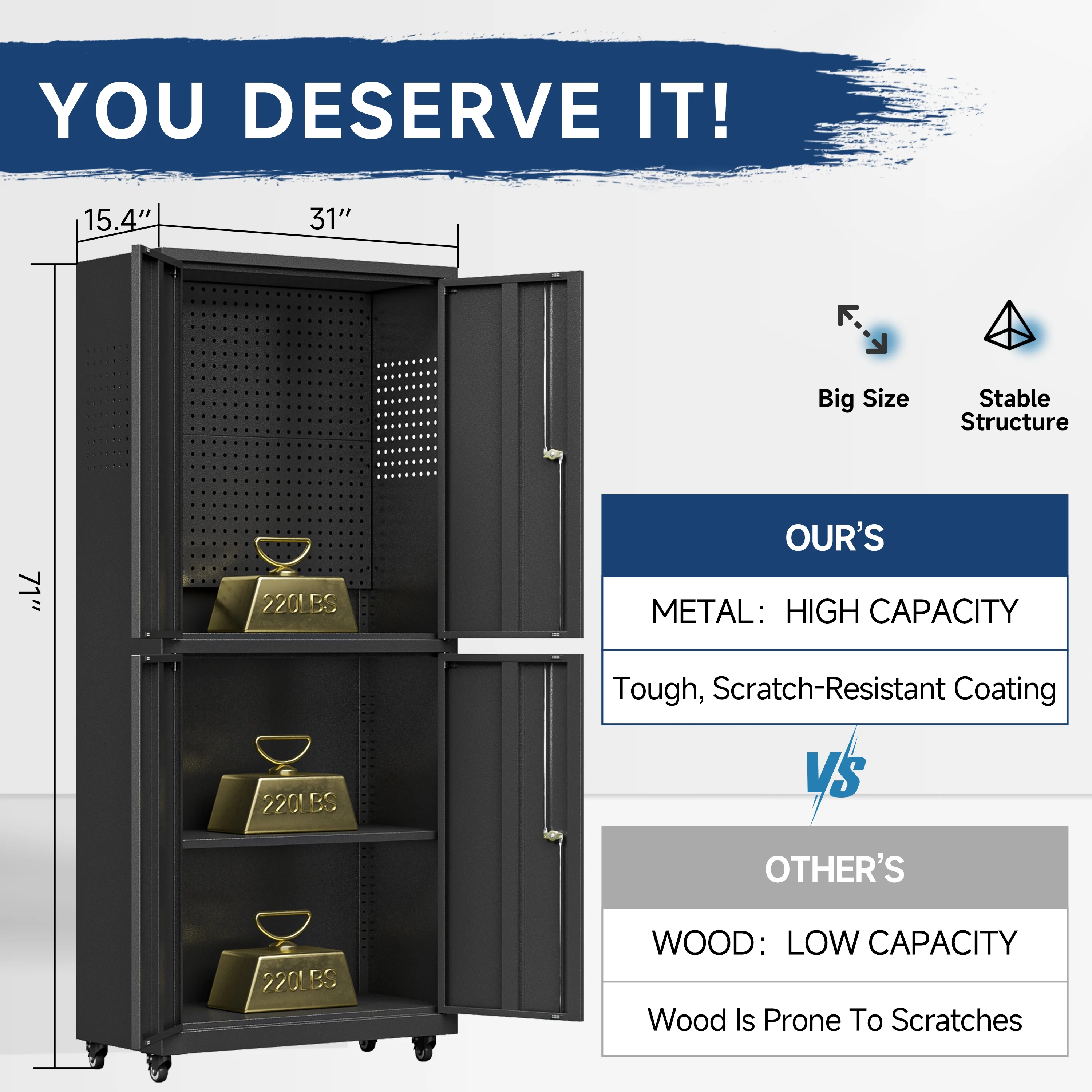 Metal Storage Cabinet with Wheels,Tool Storage Cabinet with Doors and Shelves Adjustable,Heavy Duty Garage Storage Cabinet,Steel Locking Storage Cabinet for Garage/Warehouse/Office/School/Home-Black - Image 12