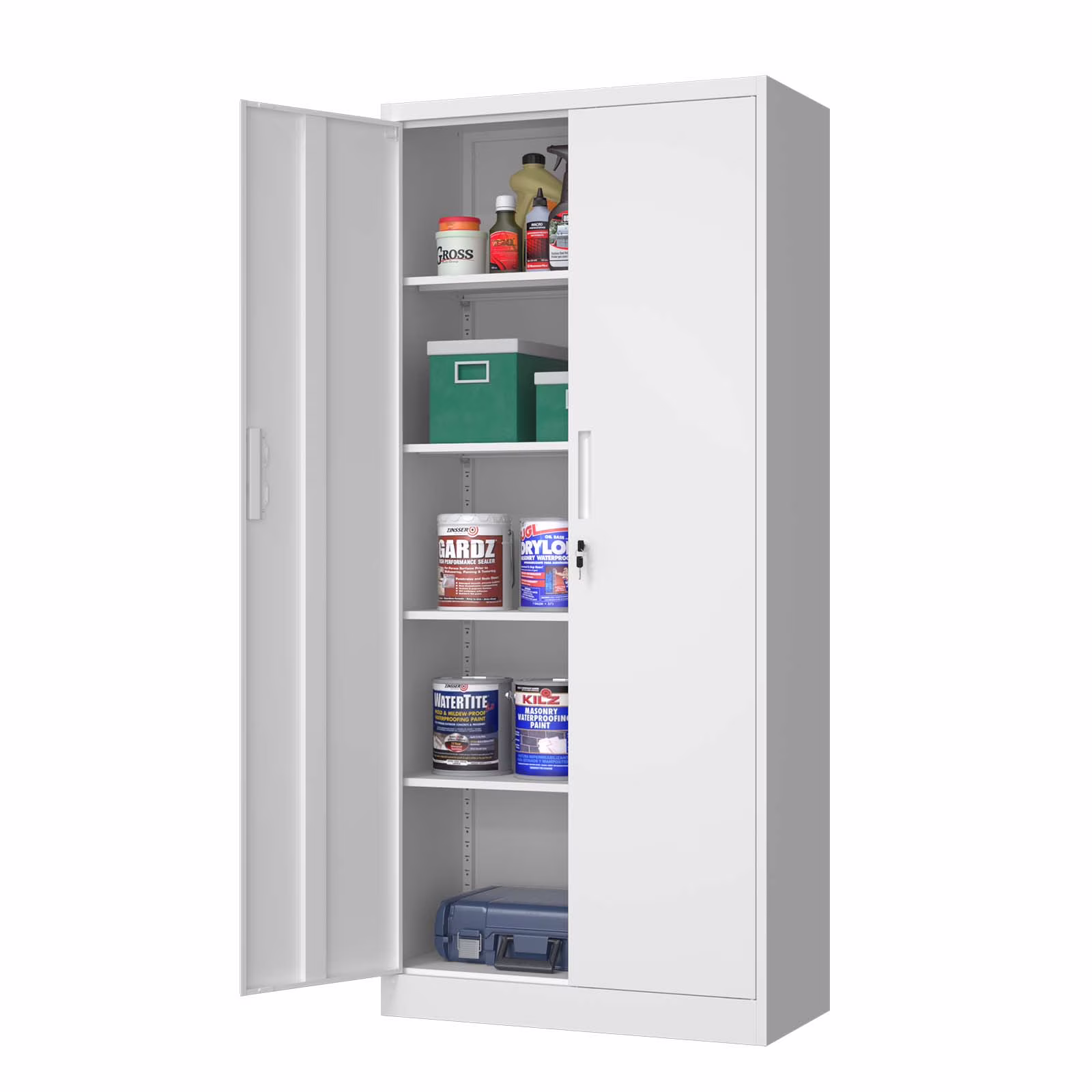 Odaof Metal Garage Storage with 2 Doors and 4 Adjustable Shelves,71" Lockable Tall Steel Cabinet for Office,Garage,School,Home (White)