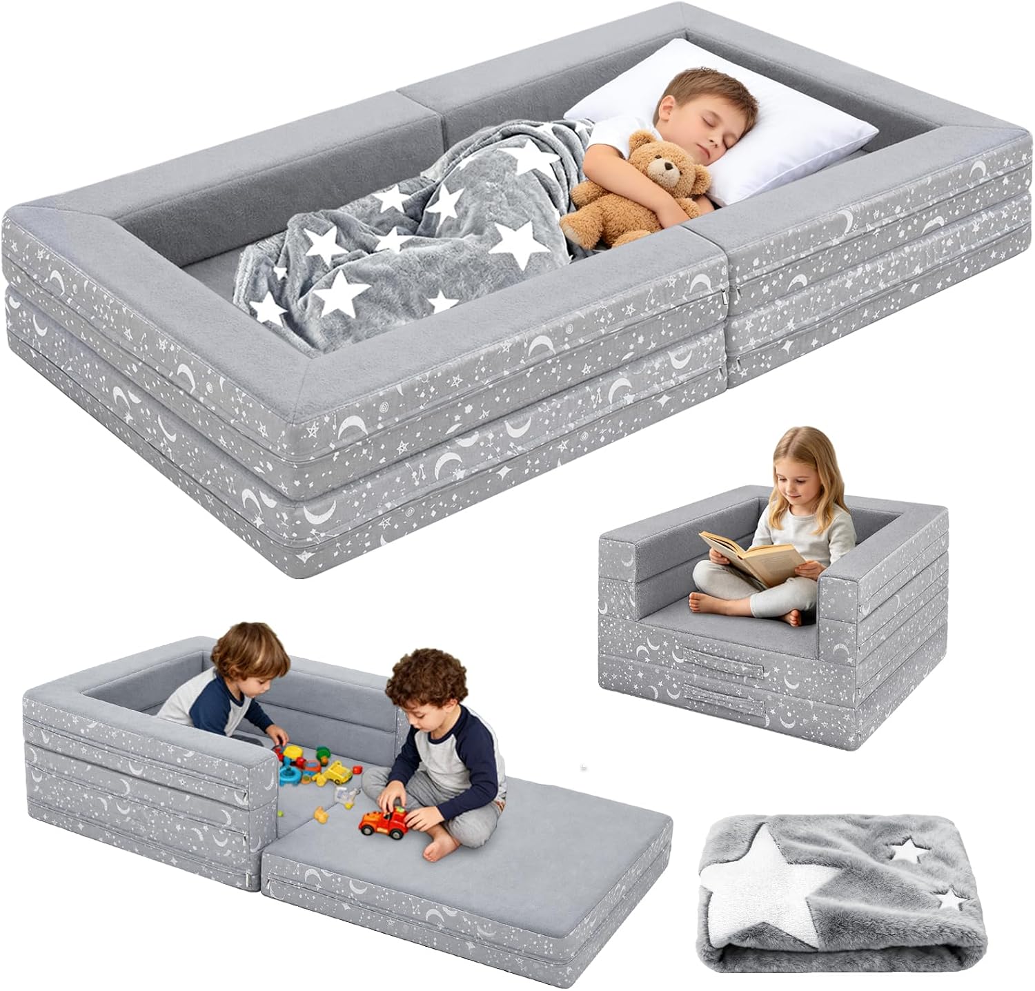 Portable Toddler Travel Bed, 3 in 1 Foldable Toddler Floor Bed No Assembly