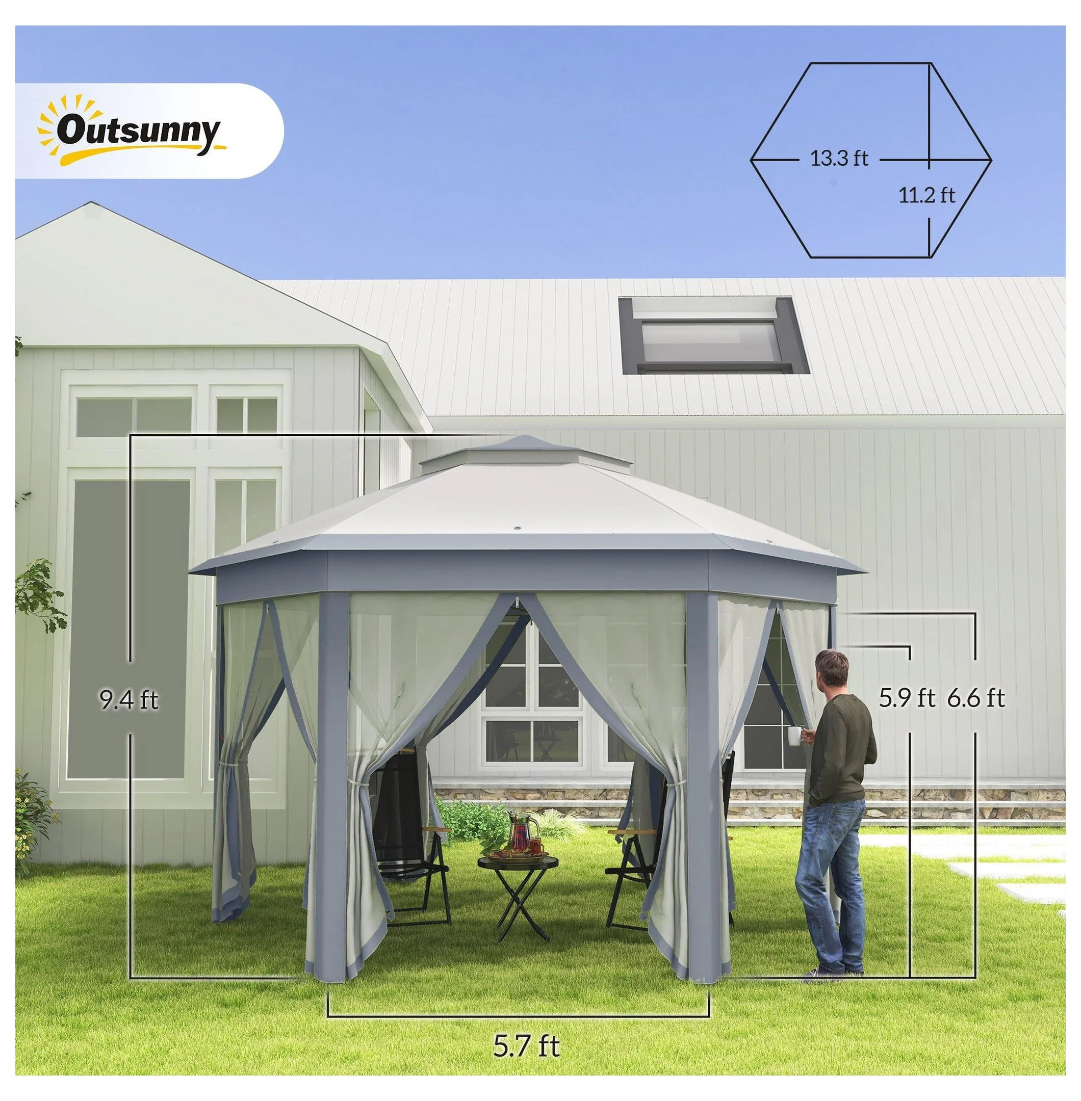 SAZYY 13'x13' Pop Up Gazebo Hexagonal Canopy Shelter with 6 Zippered Mesh Netting for Patio Backyard Garden Wedding Party - Image 3