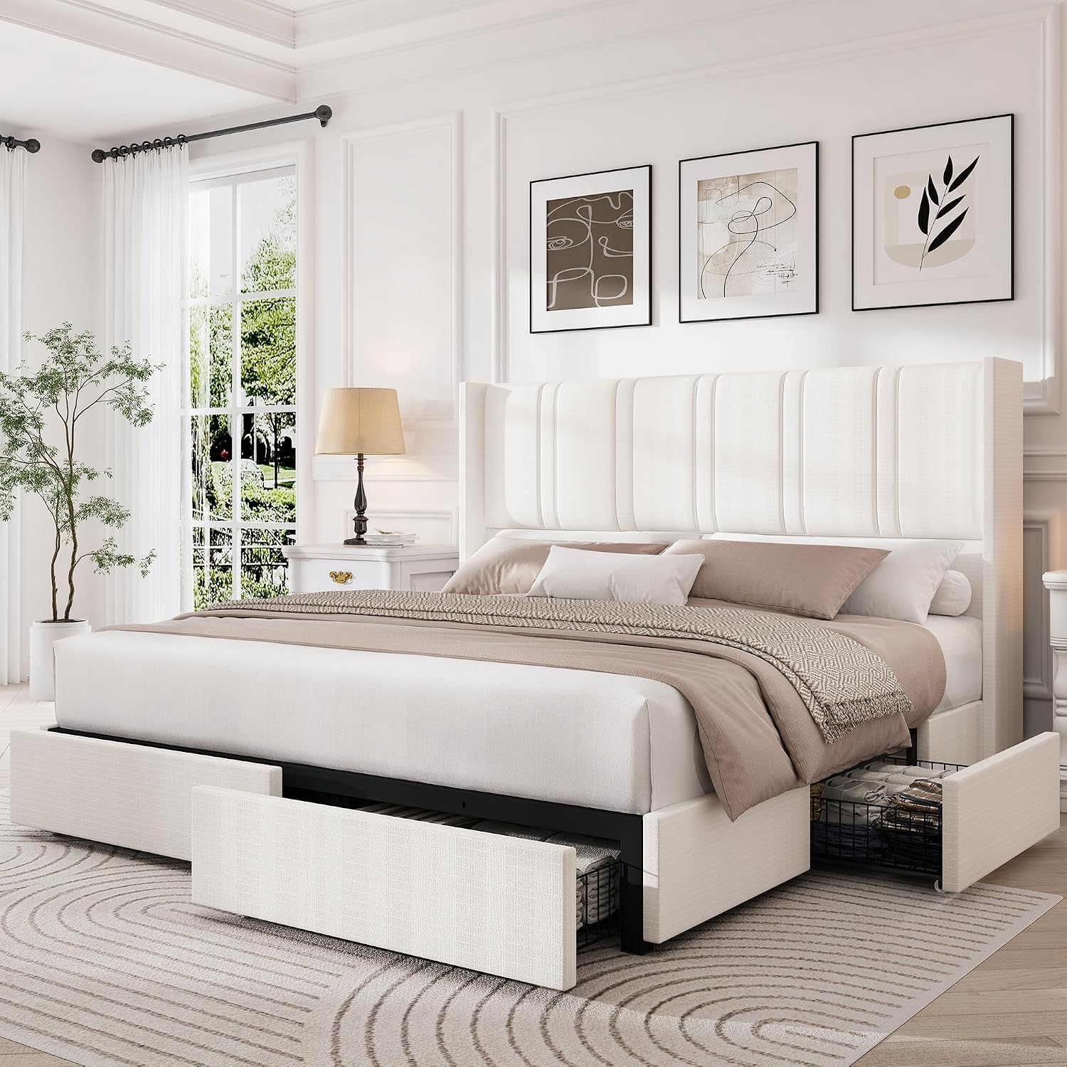 Queen Size Bed Frame with 4 Storage Drawers and Wingback Headboard Linen Upholstered Platform Bed Frame with Wooden Slats, Easy Assembly, White - Image 2