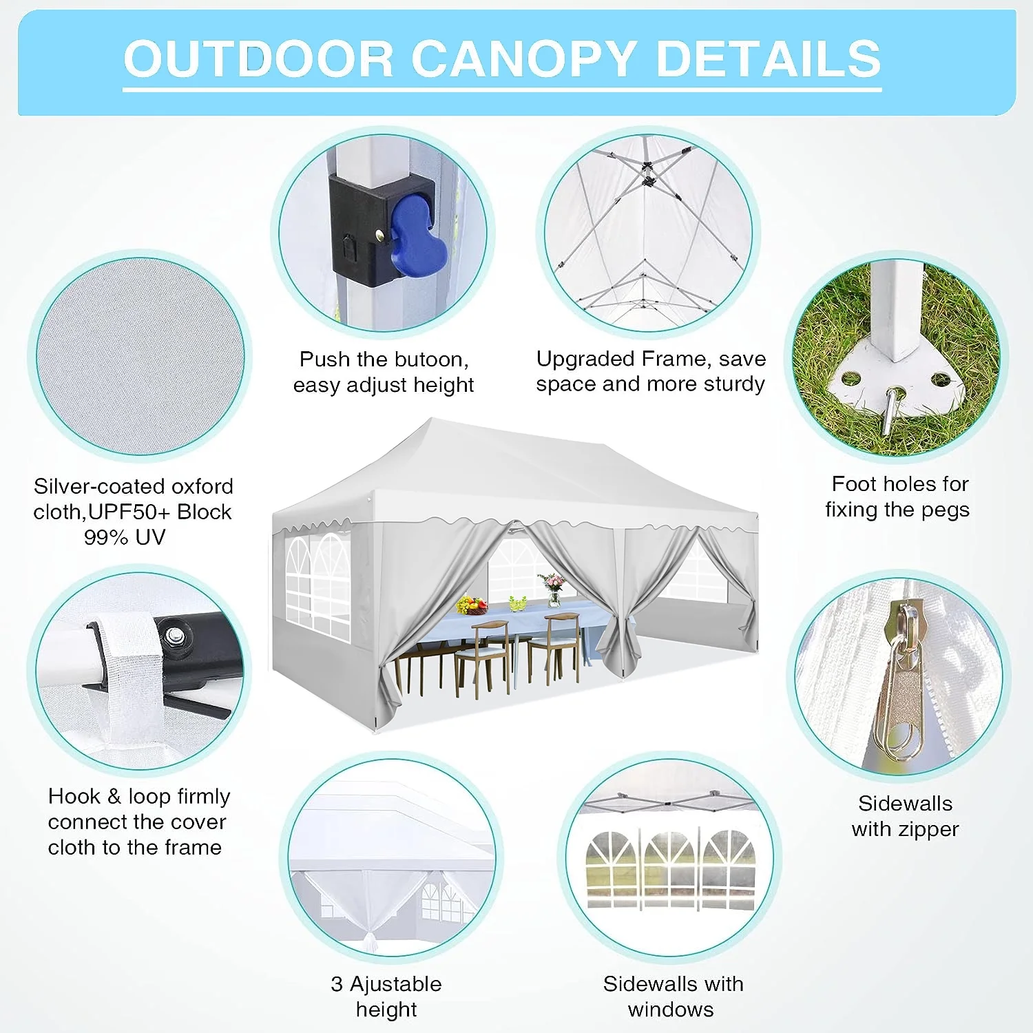 HOTEEL Canopy 10'x20' Pop Up Canopy Tent Heavy Duty Waterproof Adjustable Commercial Instant Canopy Outdoor Party Canopy Parties,Wedding,Outside Patio,Event,Backyard,White - Image 6