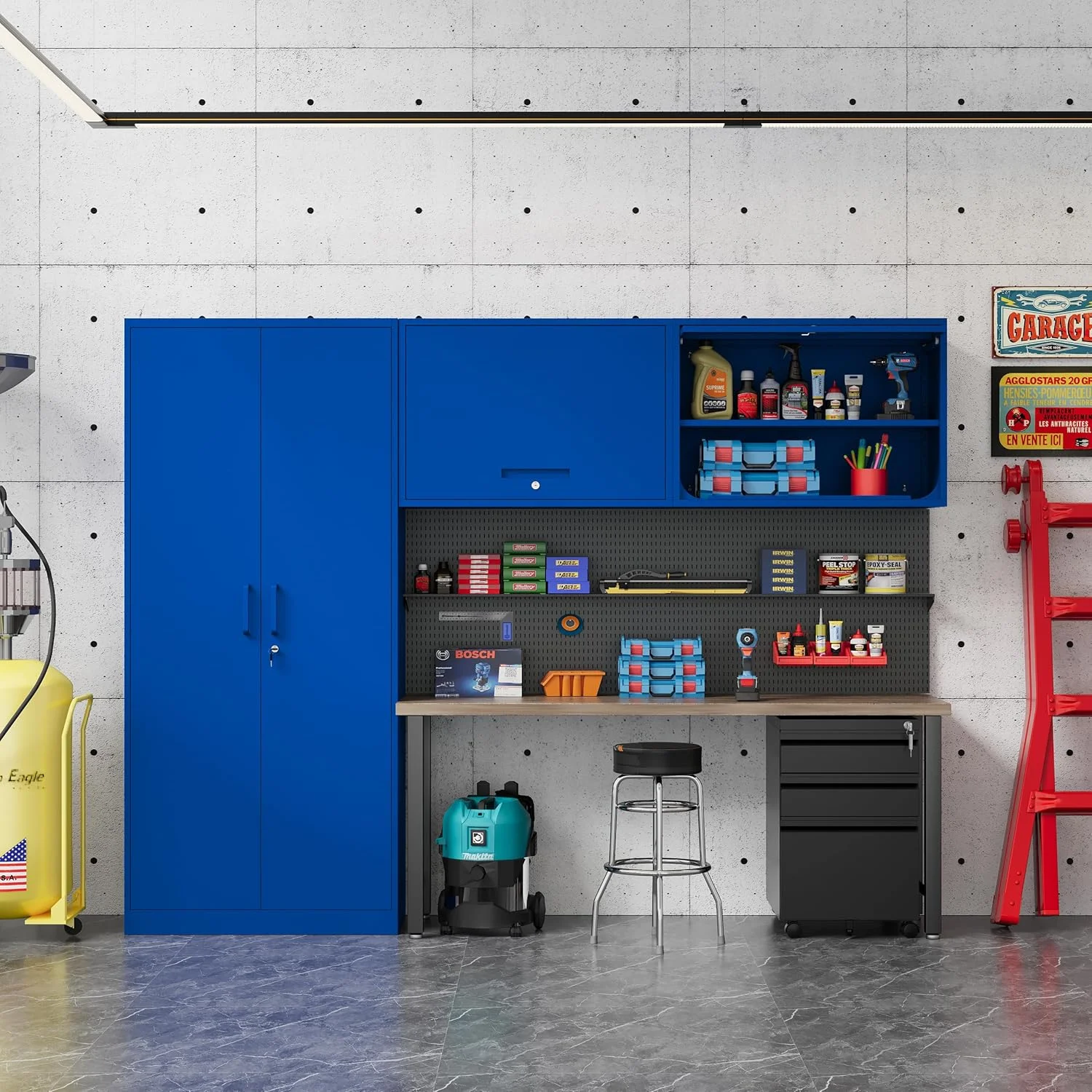 Metal Storage Cabinet Blue Wall Cabinets with Shelf and Locking Door - Wall Mounted Storage Cabinet for Garage Warehouse Home Office - Assembly Required - Image 6