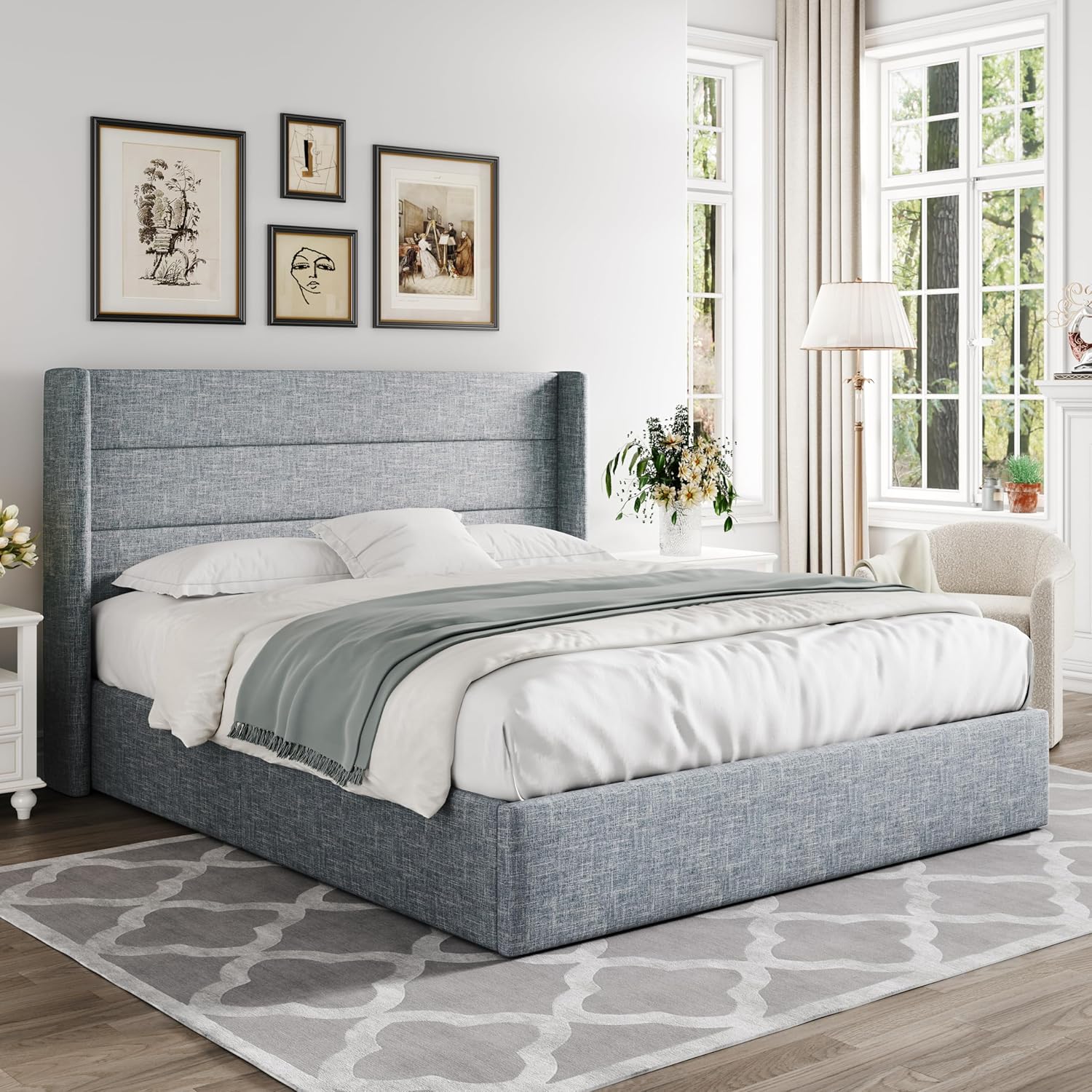 Queen Size Lift Up Storage Bed with Wingback Headboard, Upholstered Platform Bed Frame with Hidden Storage - Image 176