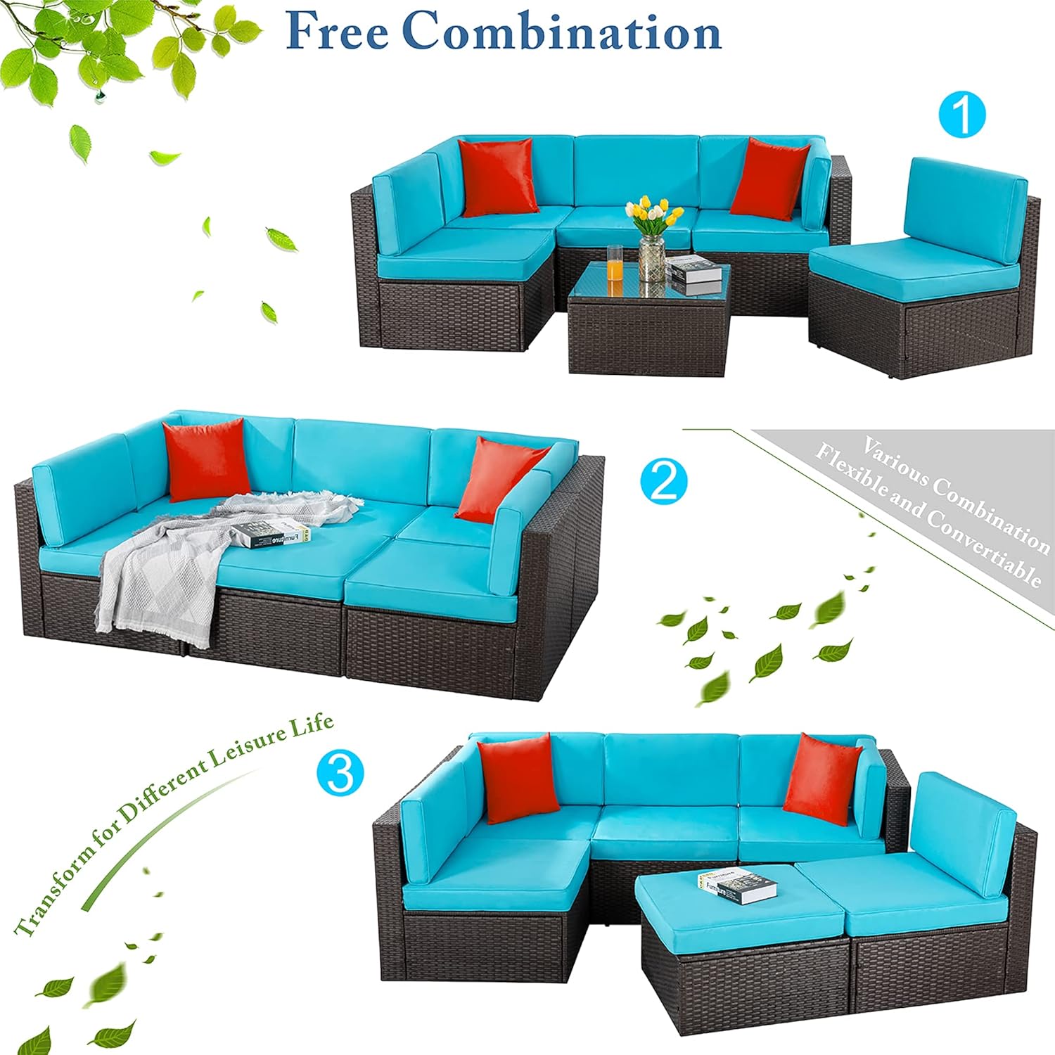 5-Piece All-Weather Patio Furniture Set with Ottoman, Outdoor Wicker Conversation Sofa Set with Cushions for Garden, Deck & Backyard - Image 26