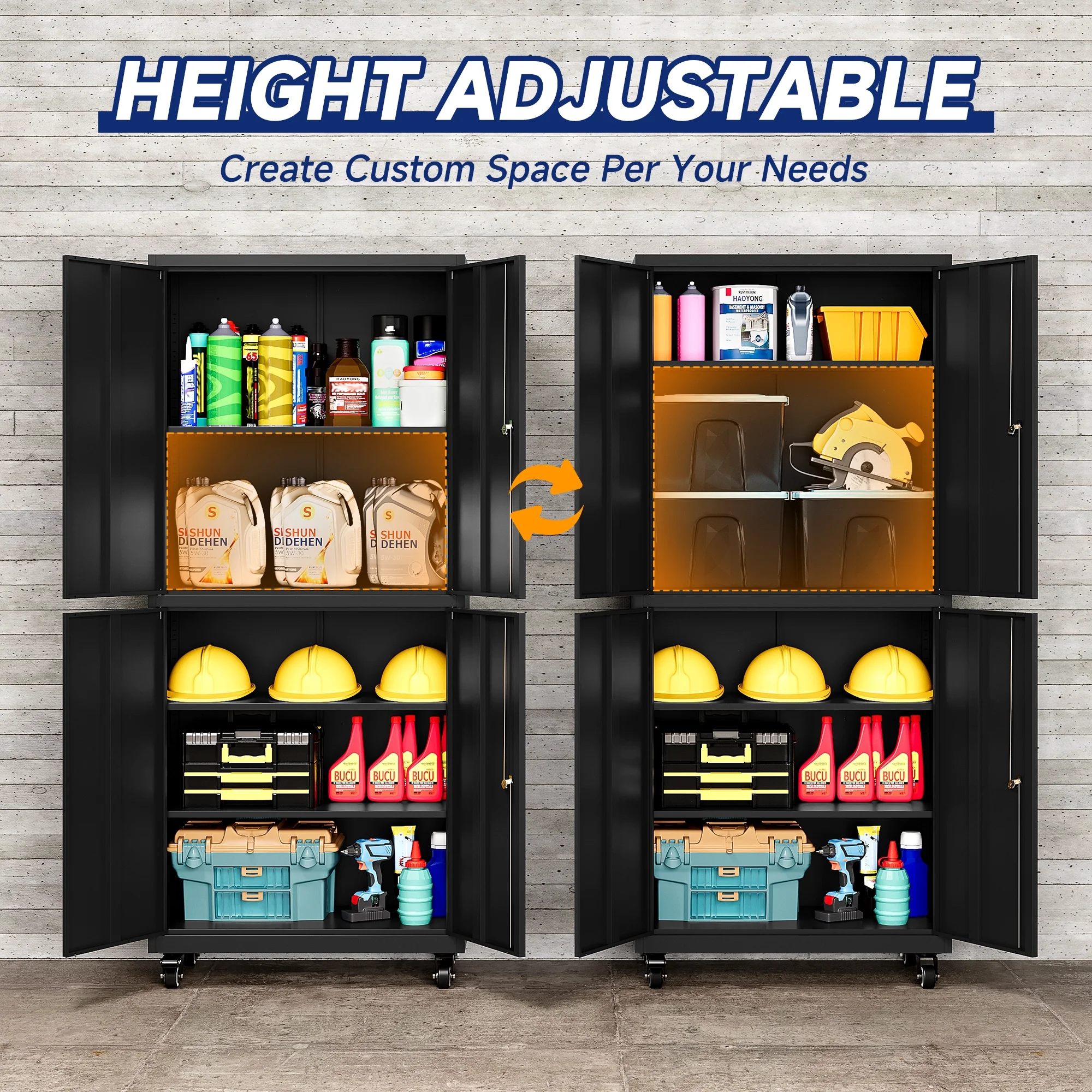 AUHUP 73" Rolling Garage Storage Cabinets with 3 Adjustable Shelves, Metal Storage Cabinet with Wheels, Black Gray Tool Cabinet for Garage,Home,Warehouse,Workshop - Image 22