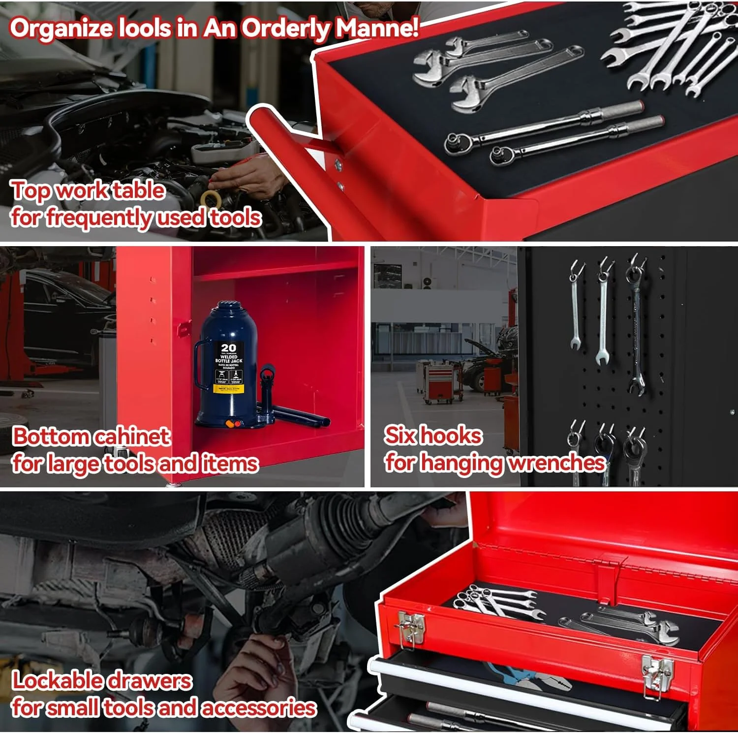 HPDAVV Detachable 3 Drawer Tool Chest Large Storage Cabinet and Adjustable Shelf Red - Image 6