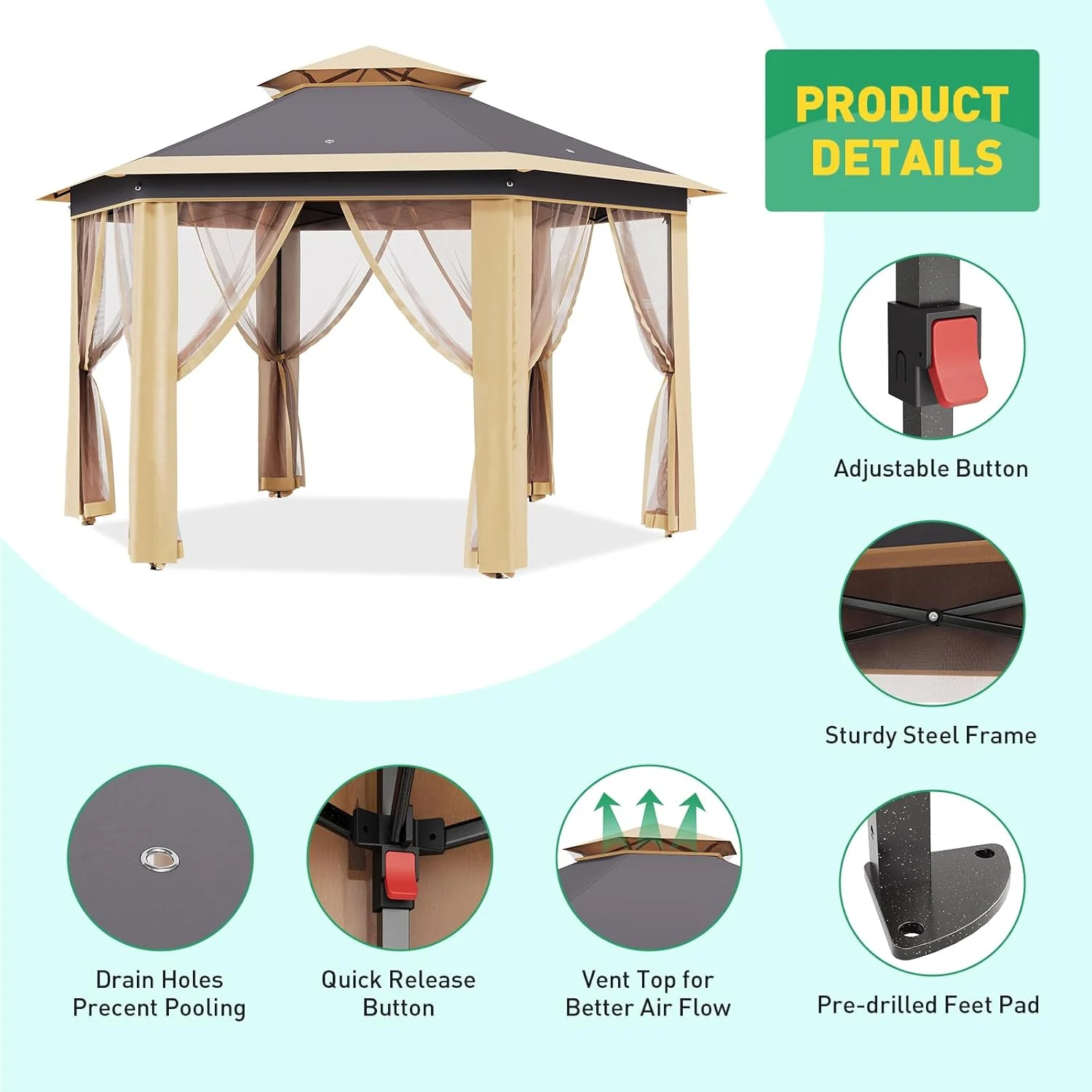 Pop Up Gazebo 13x13ft, Hexagonal Outdoor Canopy Shelter, Instant Patio Gazebo Tent with Mesh Netting and Strong Steel Frame for Patio Backyard Garden Wedding Party - Image 13