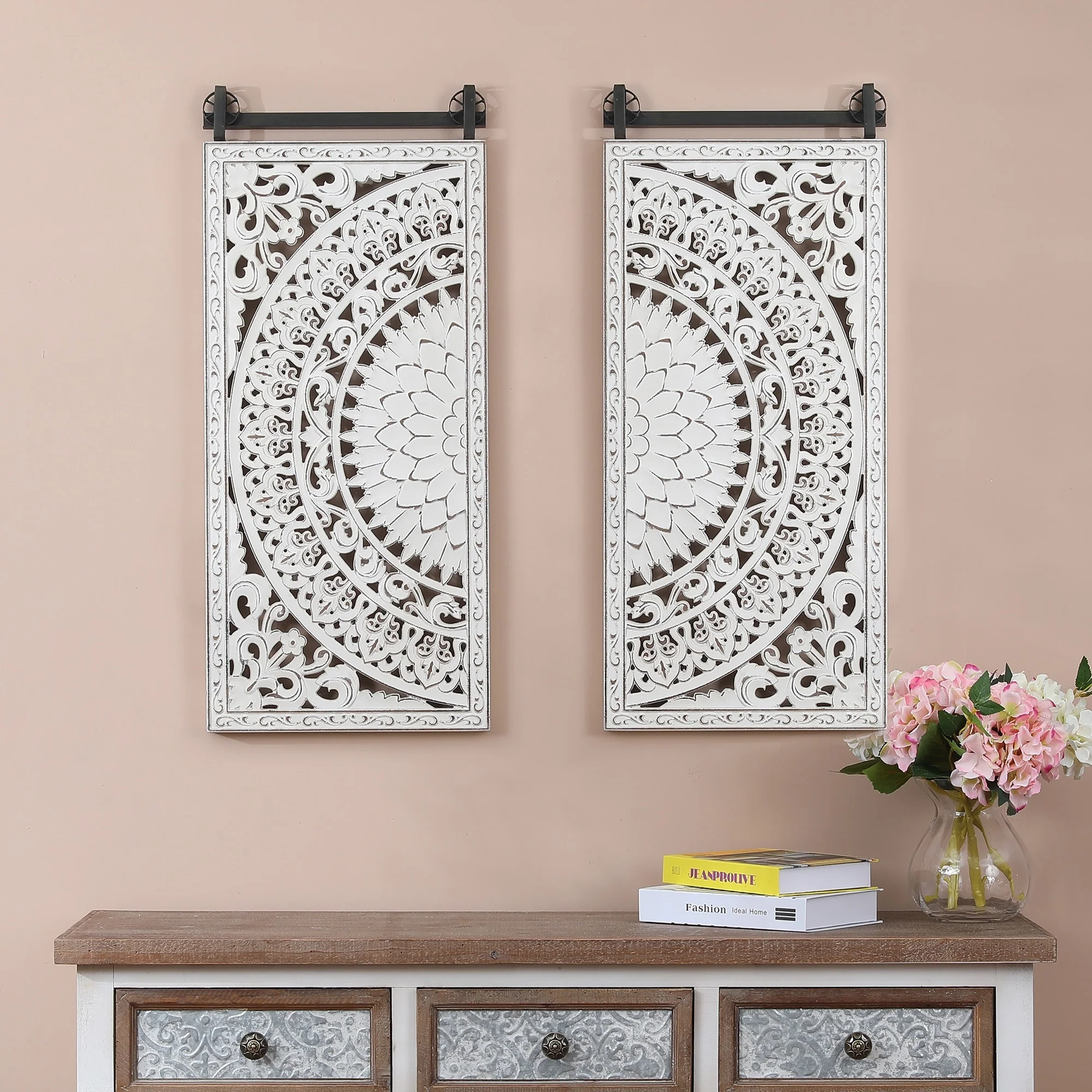 Set of 2 Distressed Ivory White Wood Flower Wall Art with Black Accents